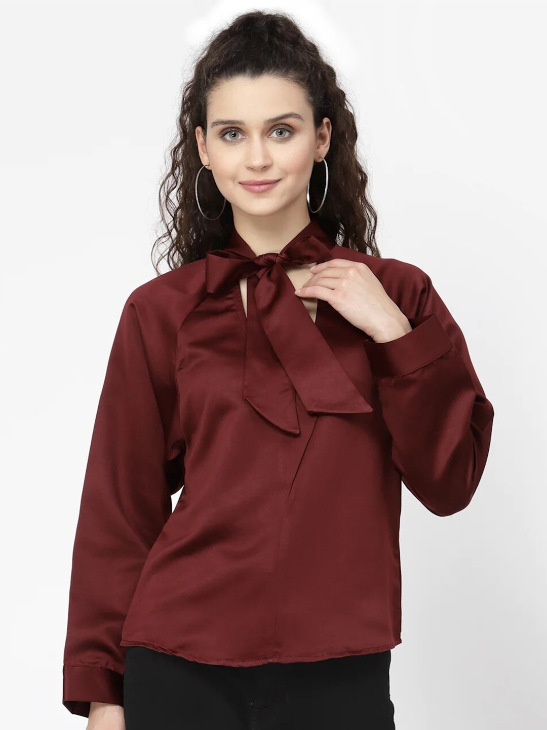 

BELAVINE Tie-Up Neck Long Sleeves Top, Maroon