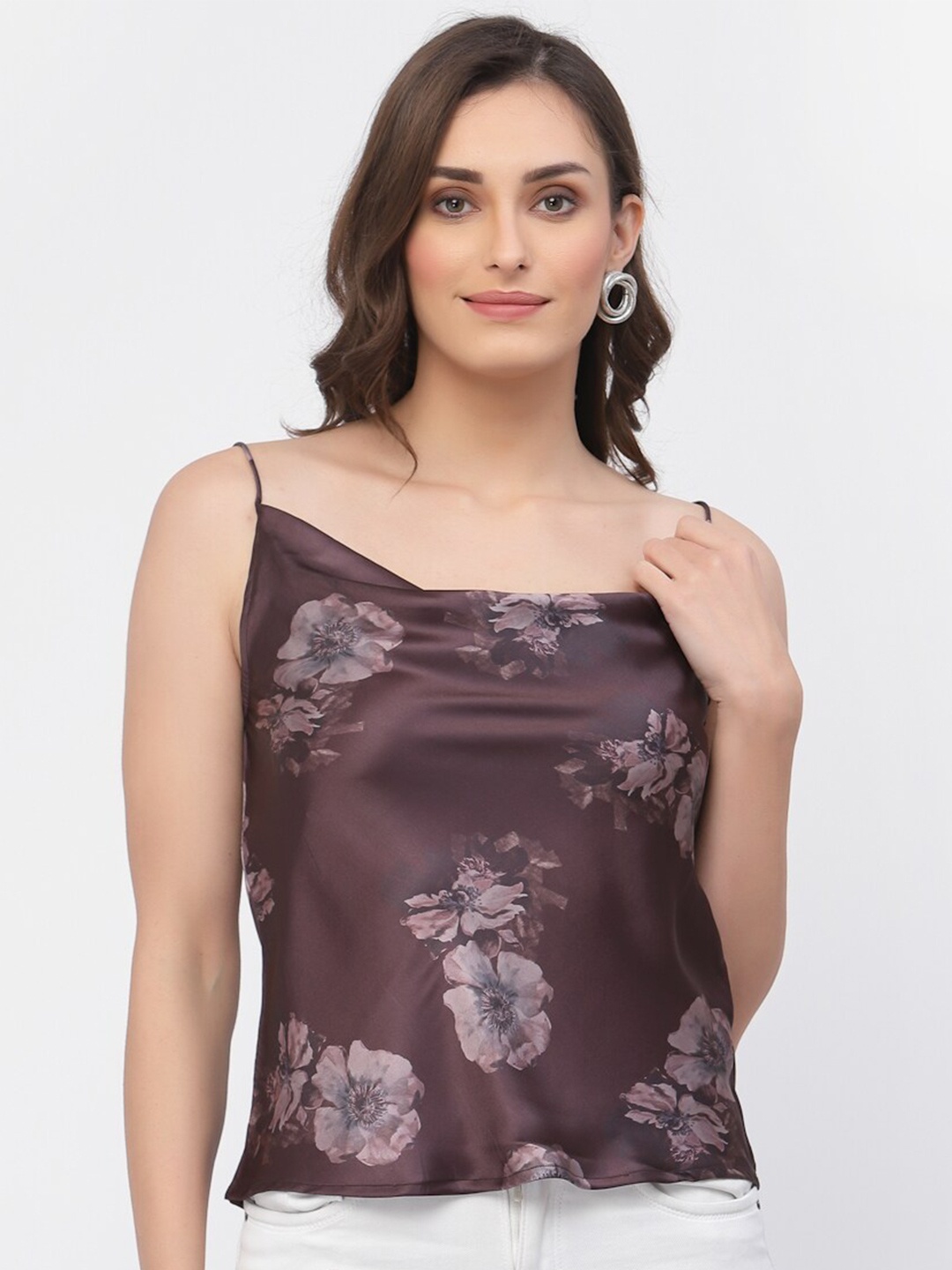 

BELAVINE Floral Printed Cowl Neck Top, Brown