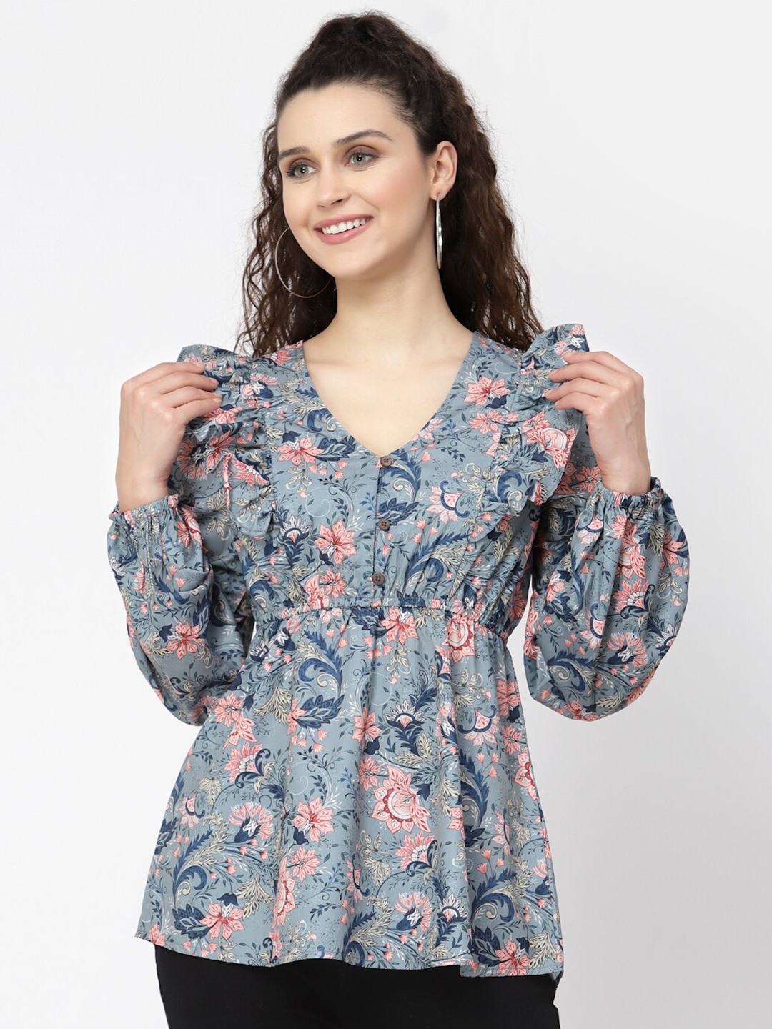 

BELAVINE Floral Printed V-Neck Peplum Top, Grey