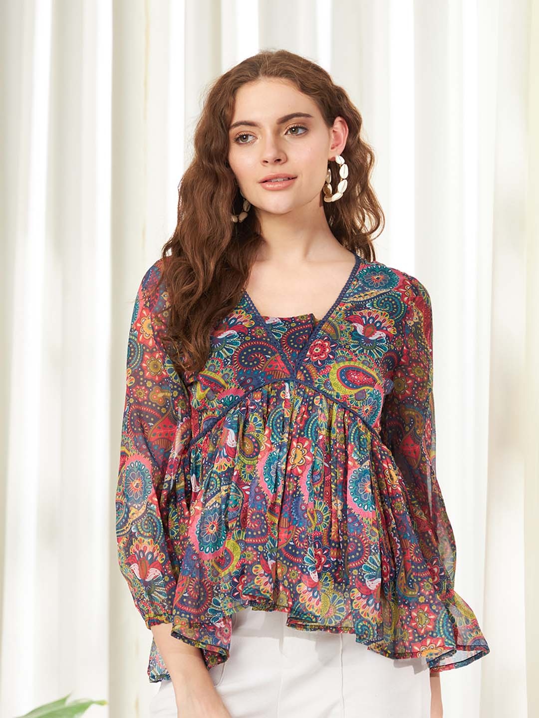 

BELAVINE Floral Printed Empire Top, Maroon