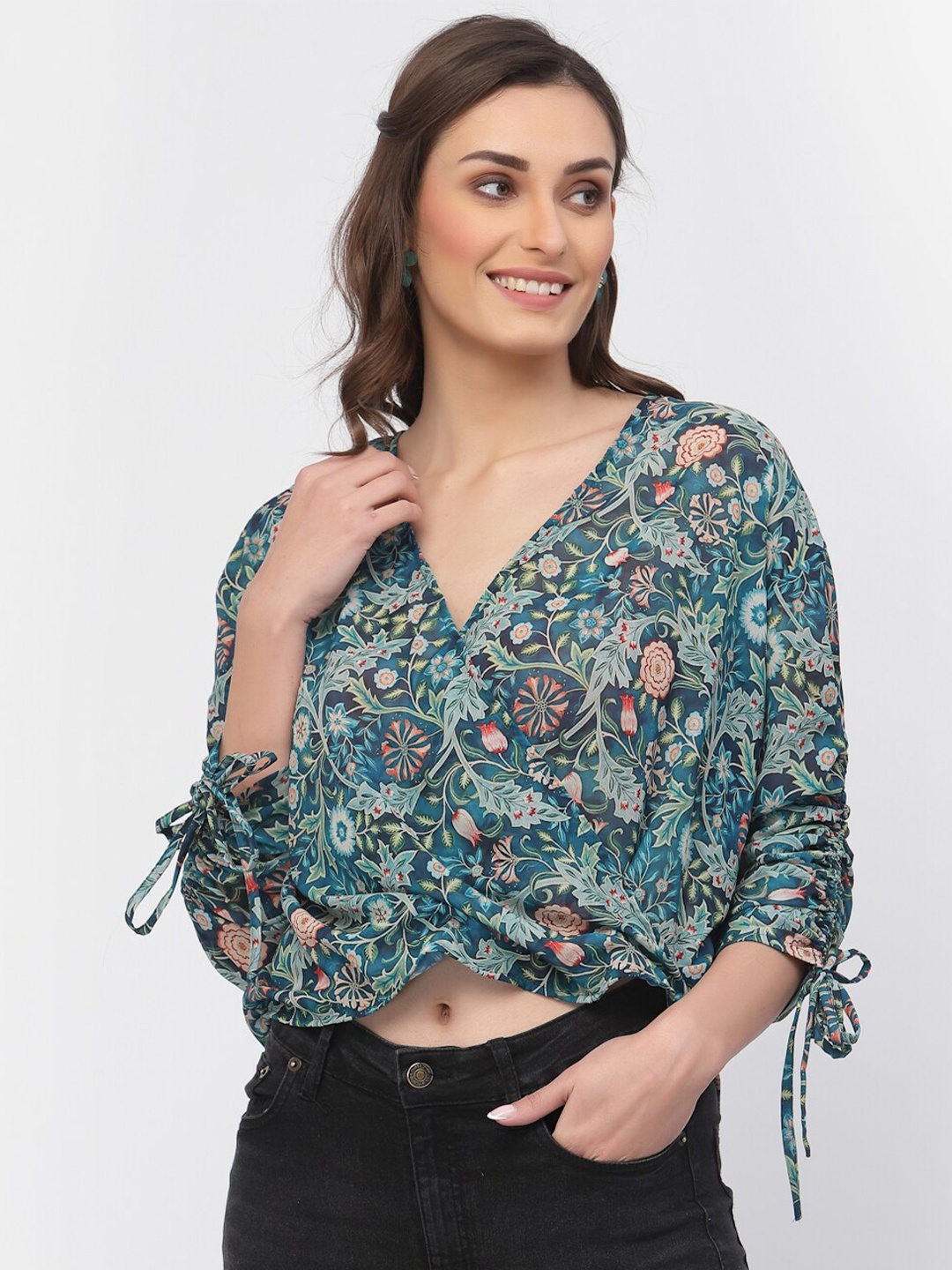 

BELAVINE Floral Print Wrap Crop Top, Green