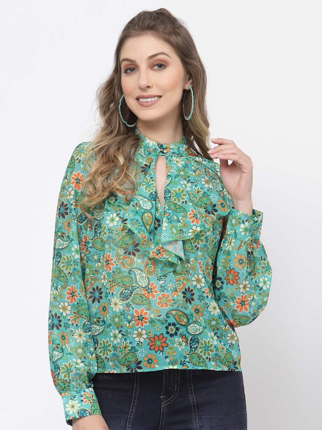 

BELAVINE Floral Print Keyhole Neck Regular Top, Green