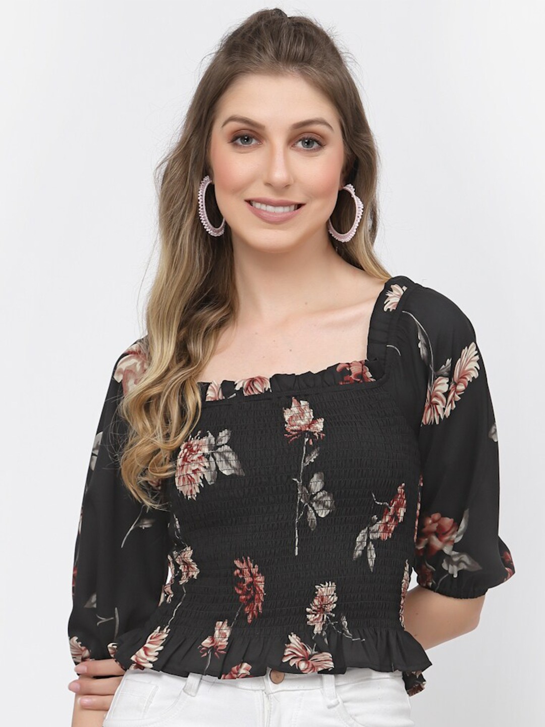 

BELAVINE Floral Printed Square Neck Puff Sleeve Top, Black