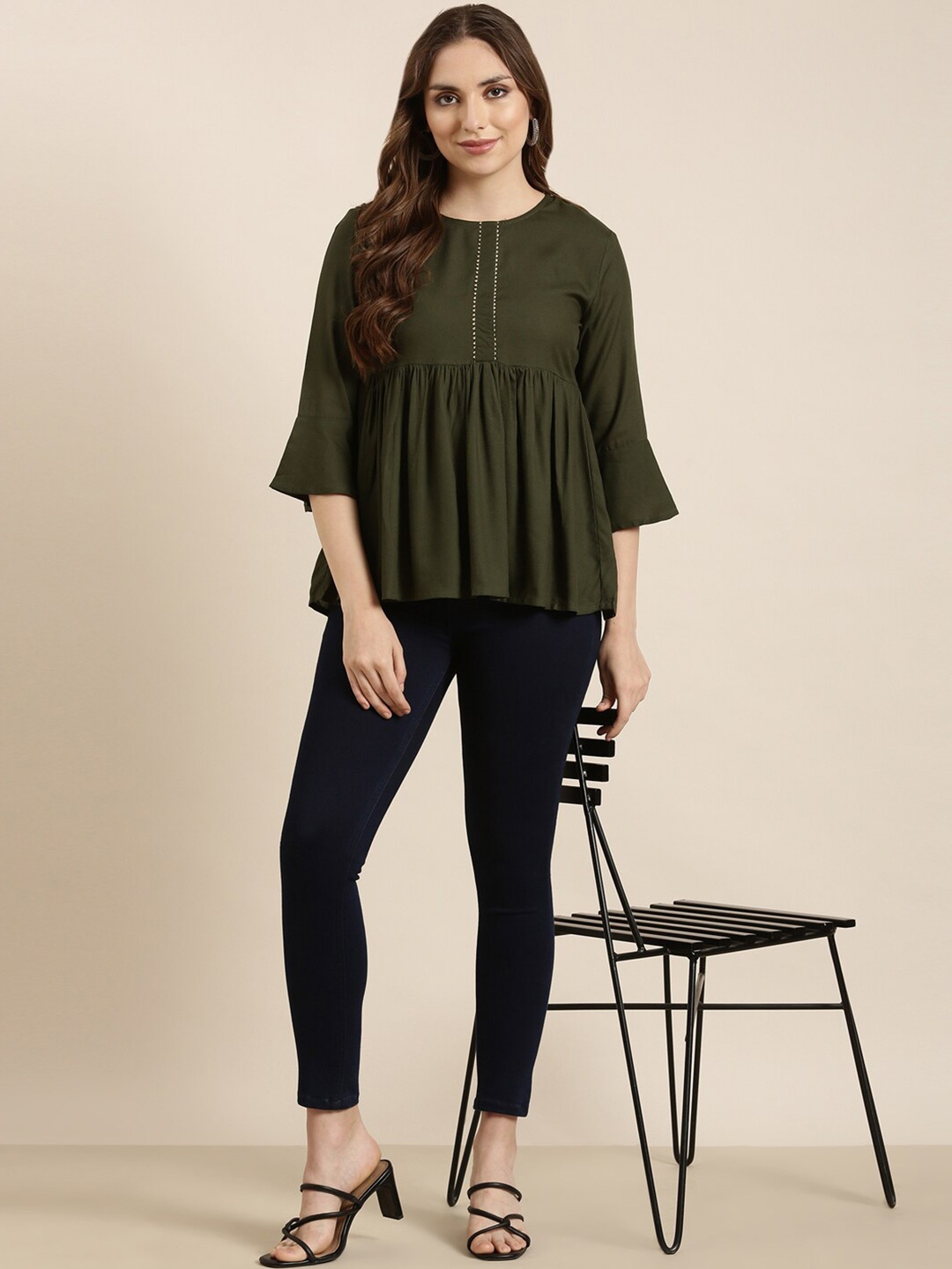 

SHOWOFF Round Neck Bell Sleeves Peplum Top, Green