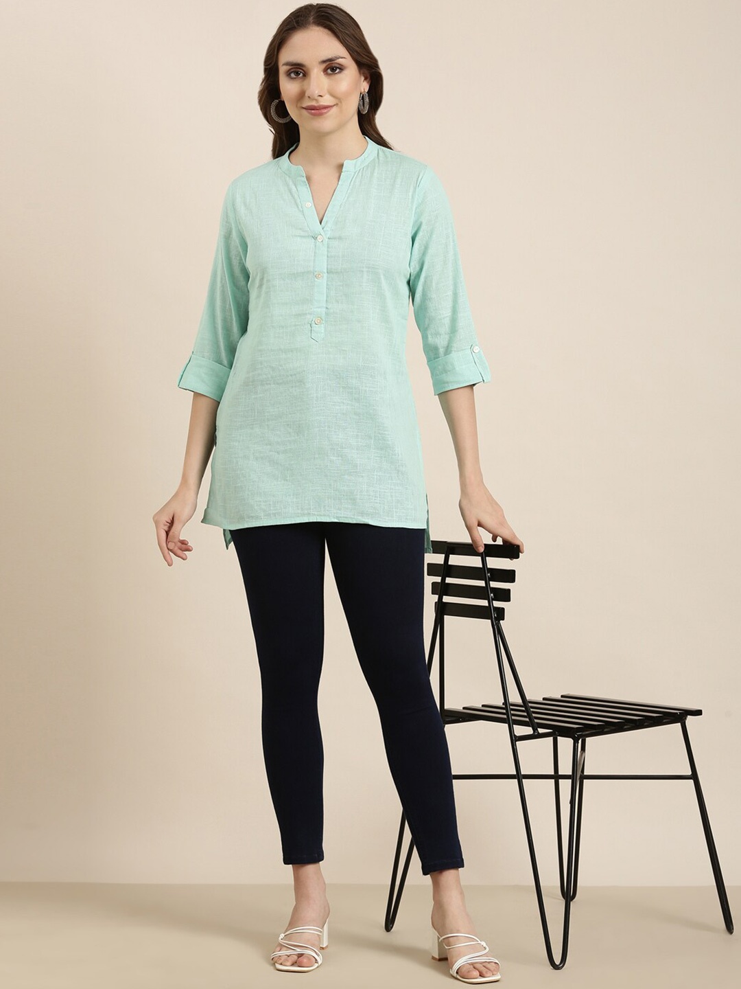 

SHOWOFF Mandarin Collar RollUp Sleeves Kurti, Sea green