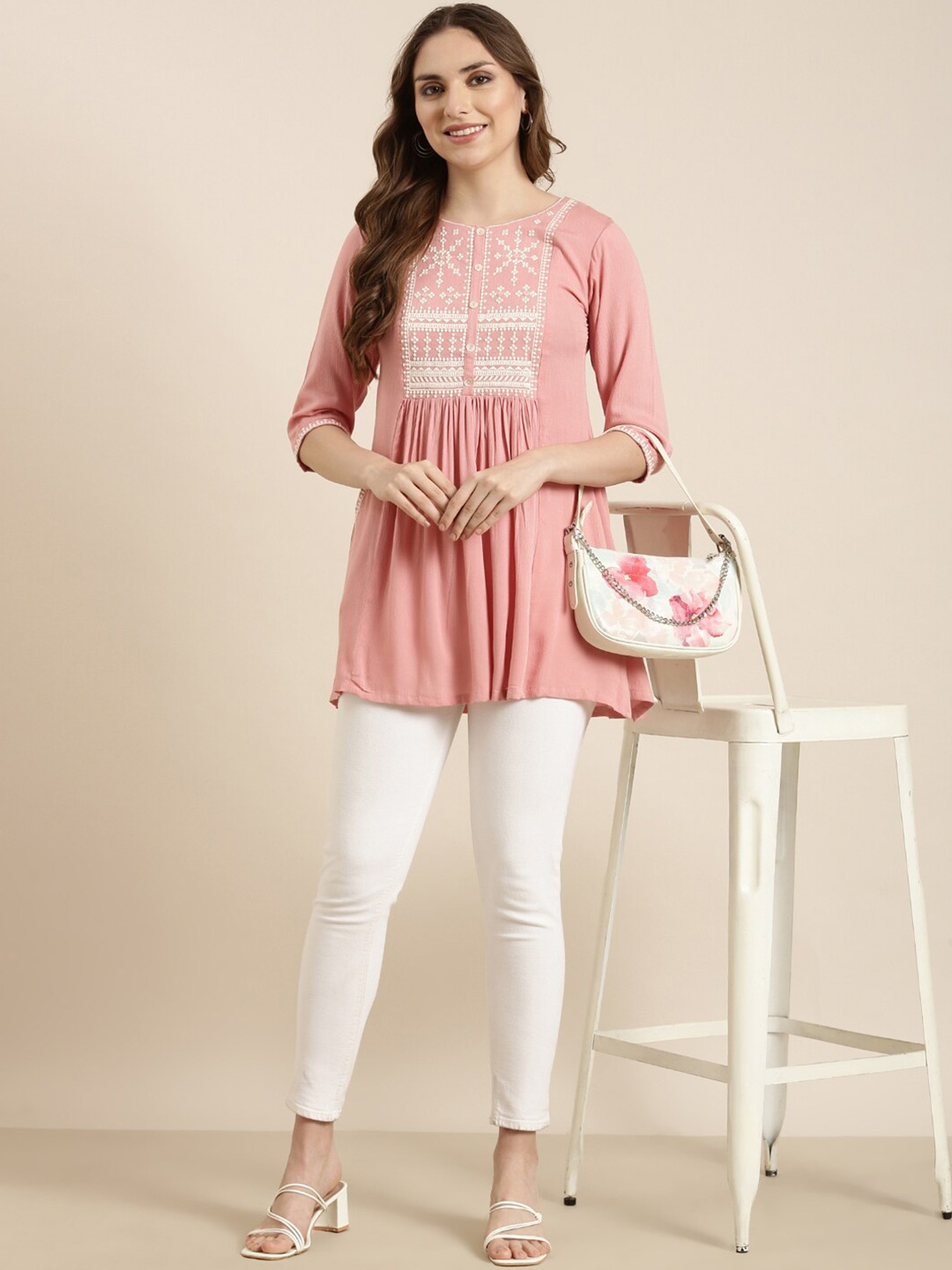 

SHOWOFF Floral Embroidered Round Neck A-Line Kurti, Peach