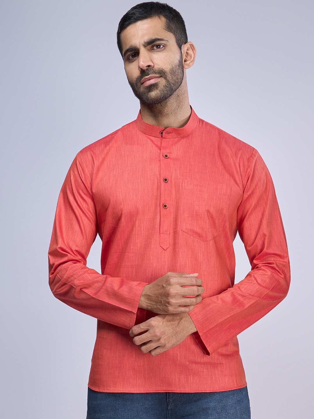 

BELLAZO Thread Work Cotton Mandarin Collar Khadi Straight Kurta, Orange
