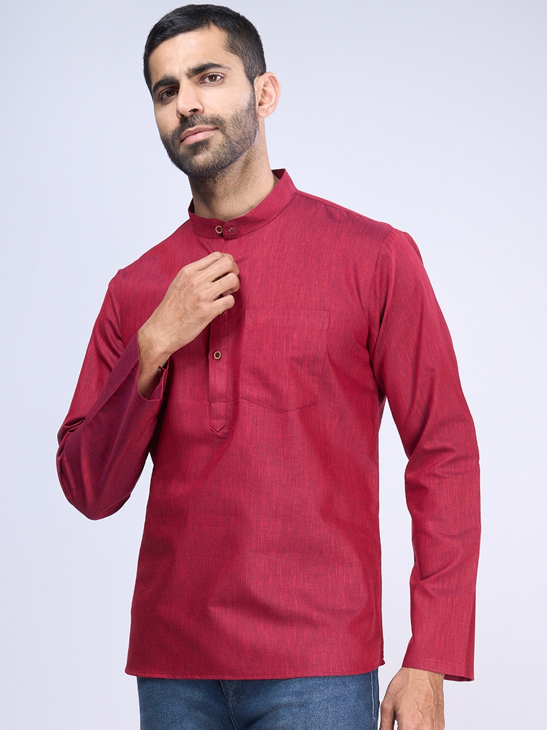 

BELLAZO Mandarin Collar Thread Work Khadi Cotton Kurta, Red
