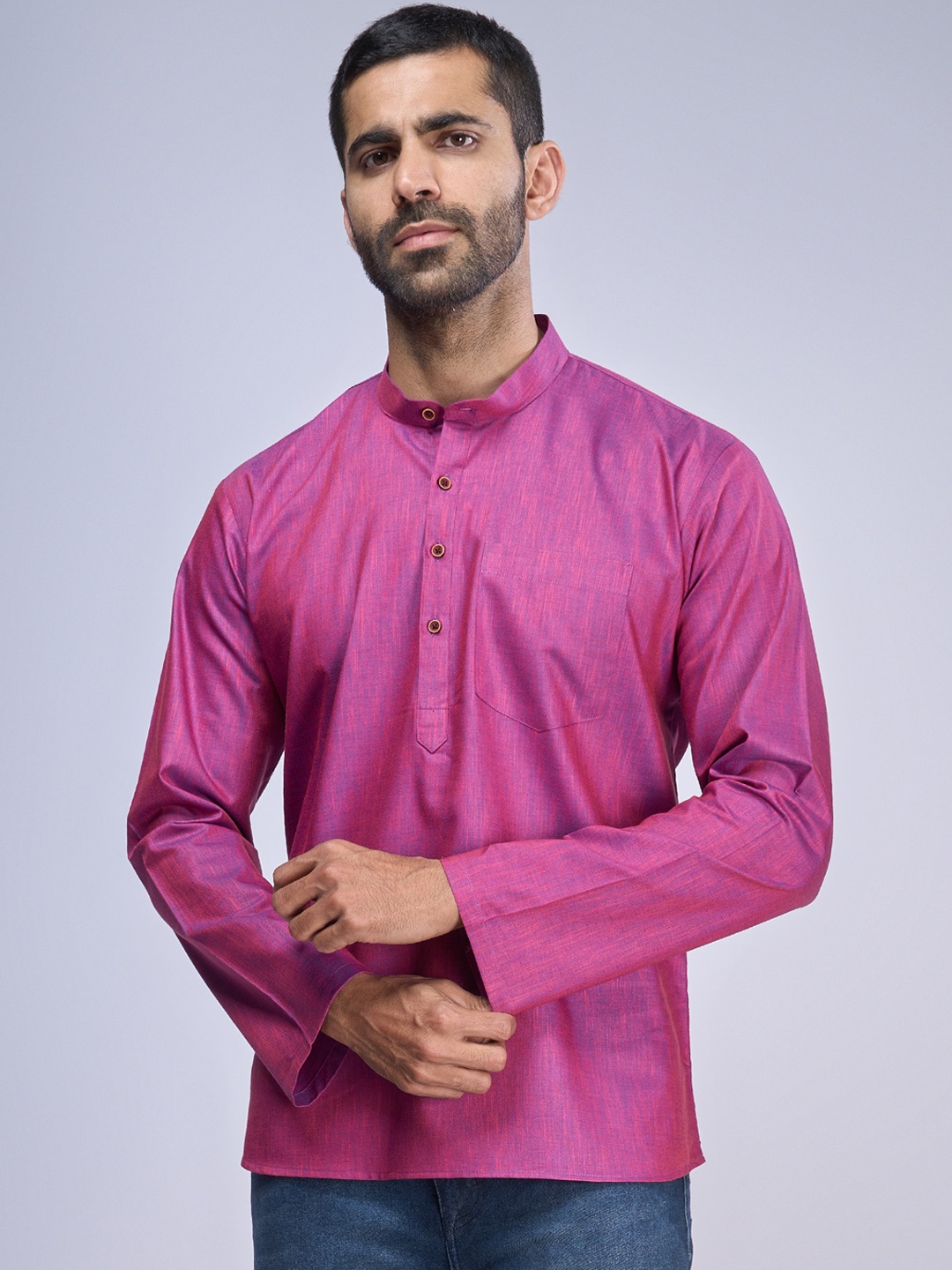 

BELLAZO Cotton Straight Mandarin Collar Above Knee Khadi Kurta, Purple