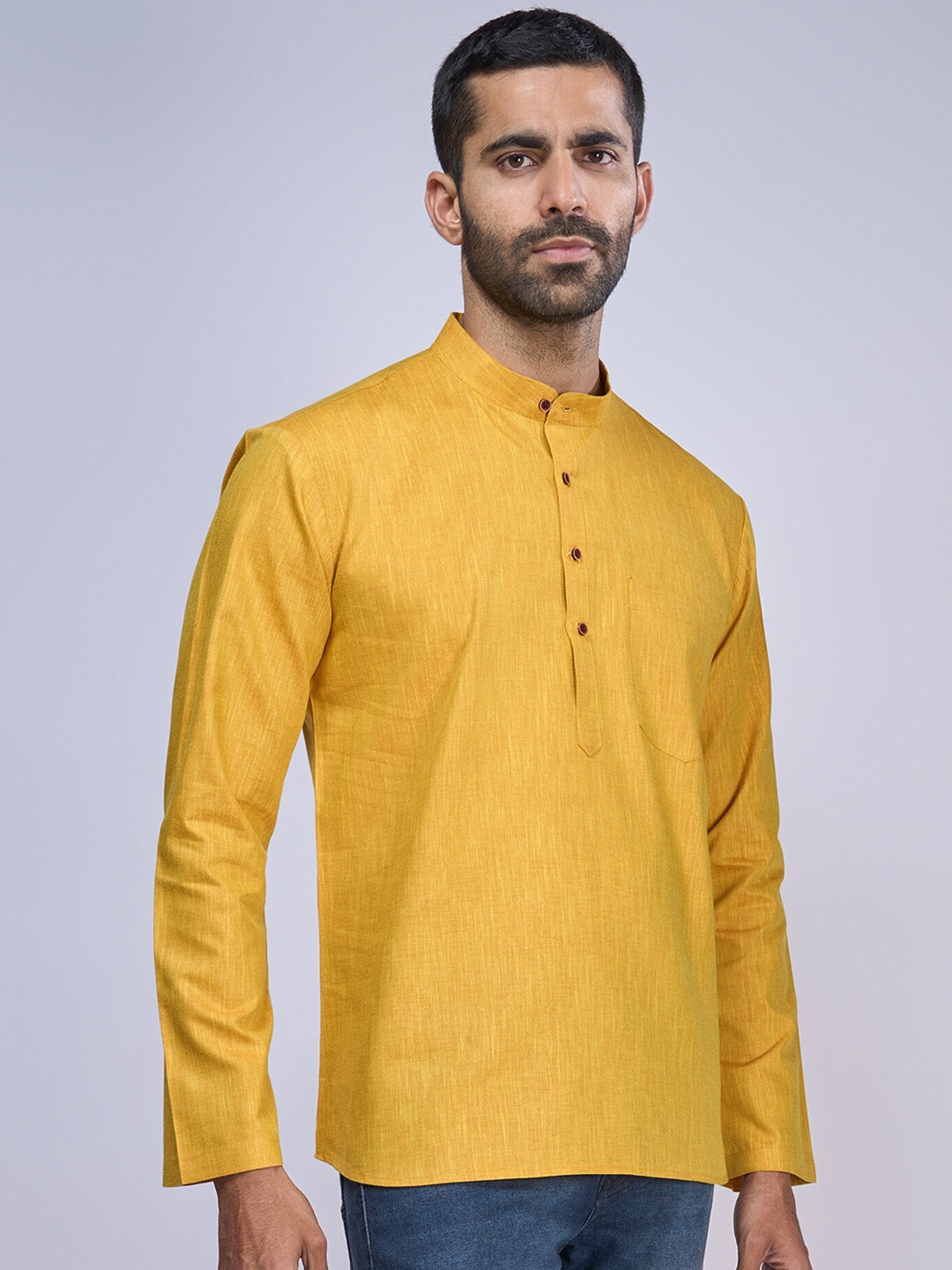 BELLAZO Mandarin Collar Long Sleeves Cotton Khadi Kurta, Yellow