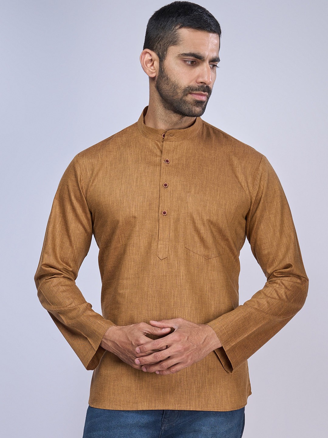 

BELLAZO Mandarin Collar Cotton Khadi Short Kurta, Coffee brown