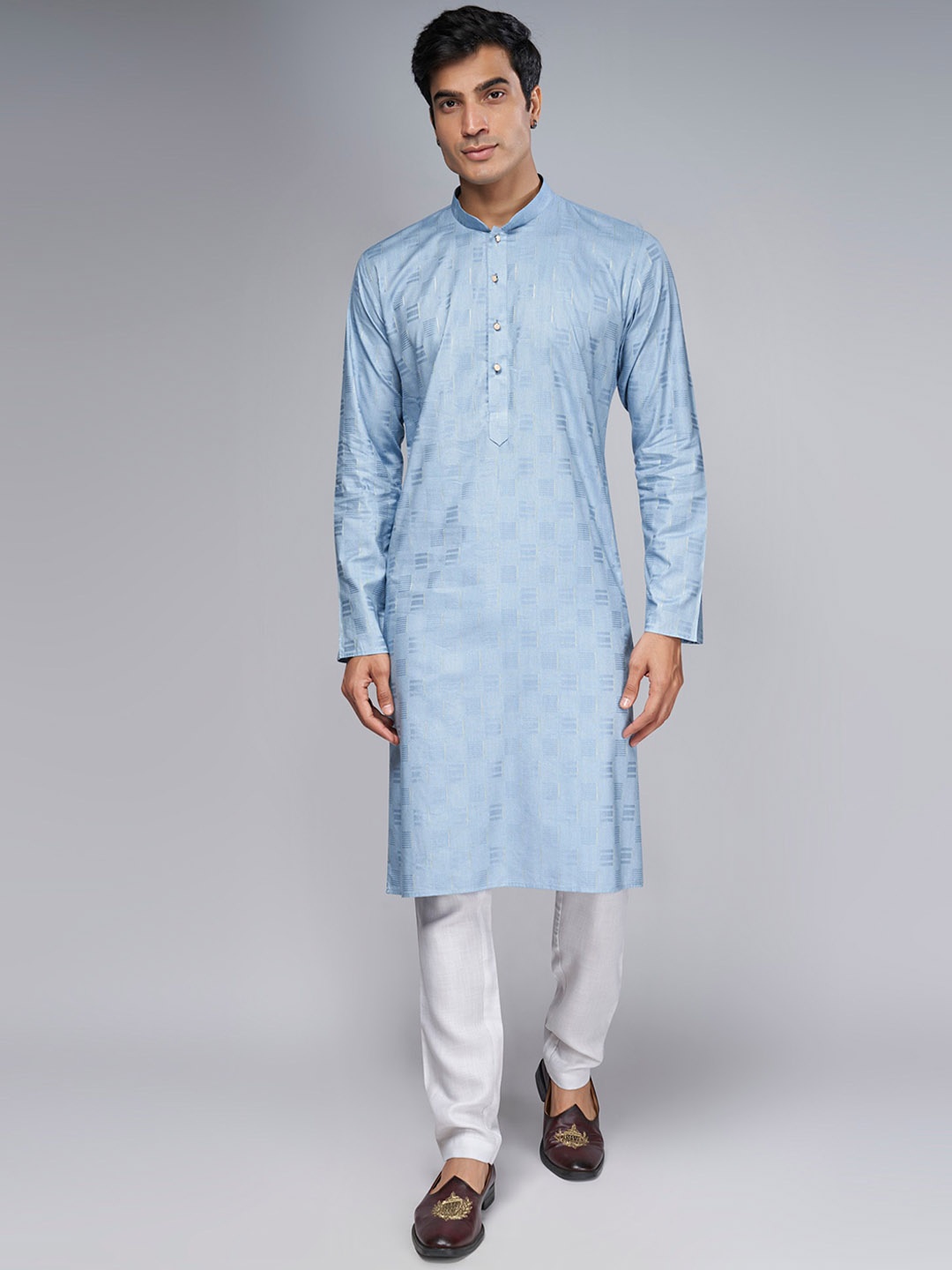 

BELLAZO Checked Woven Design Mandarin Collar Cotton Straight Kurta, Blue