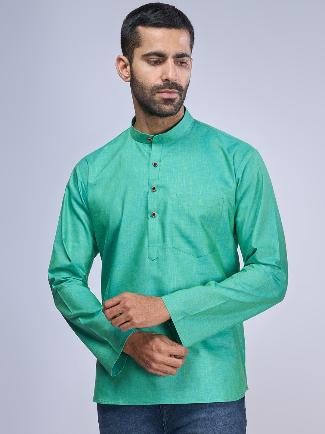 BELLAZO Mandarin Collar Cotton Strigth Kurta, Green