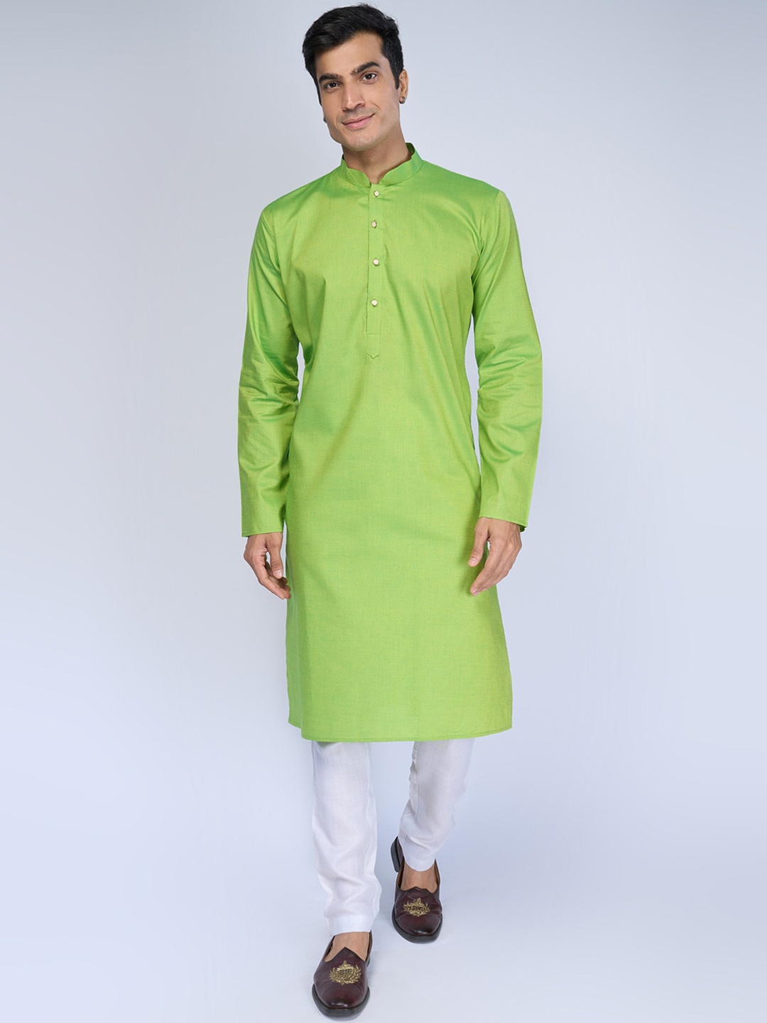 

BELLAZO Mandarin Collar Cotton Strigth Kurta, Lime green