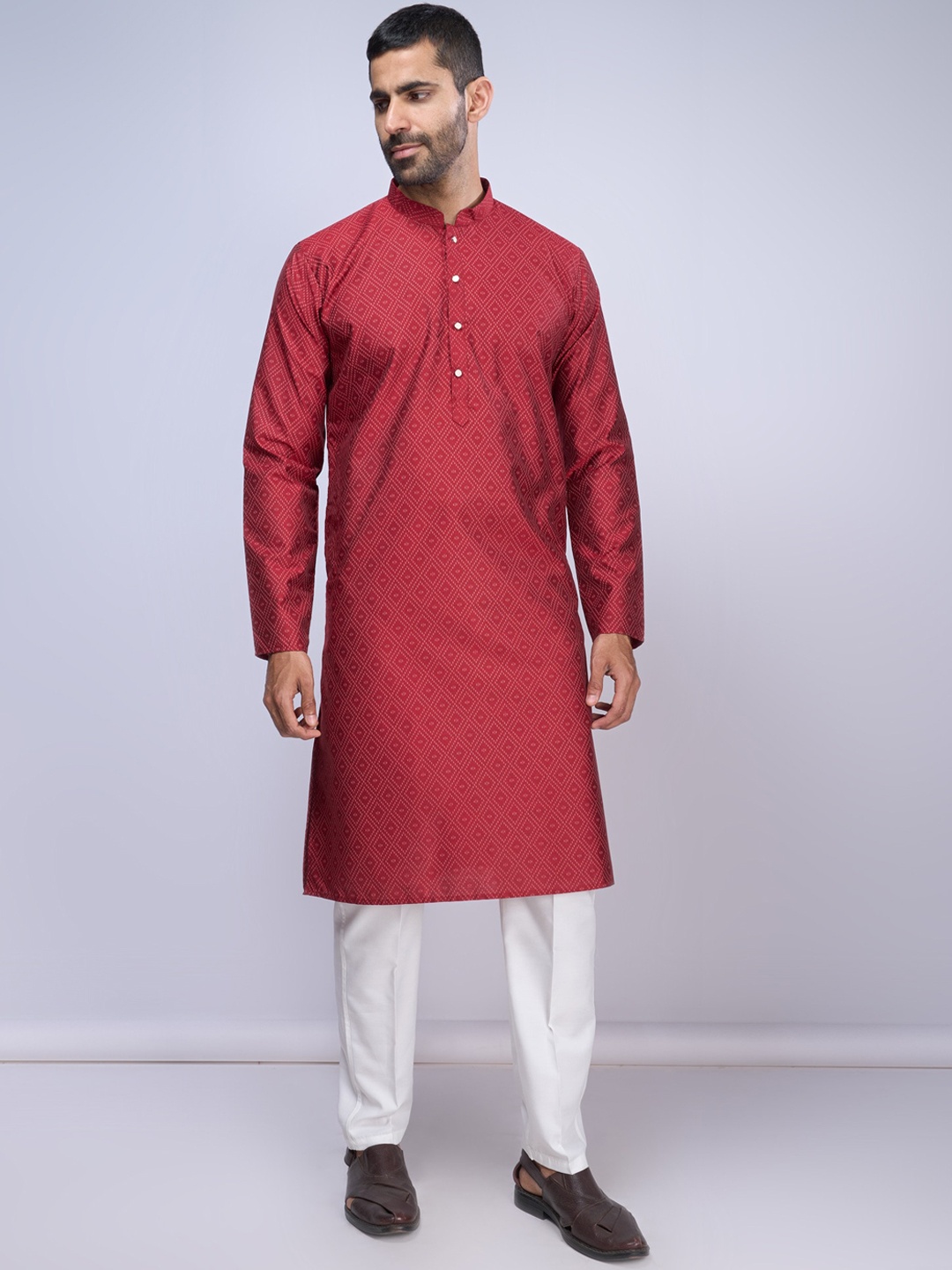 BELLAZO Mandarin Collar Cotton Strigth Kurta, Red