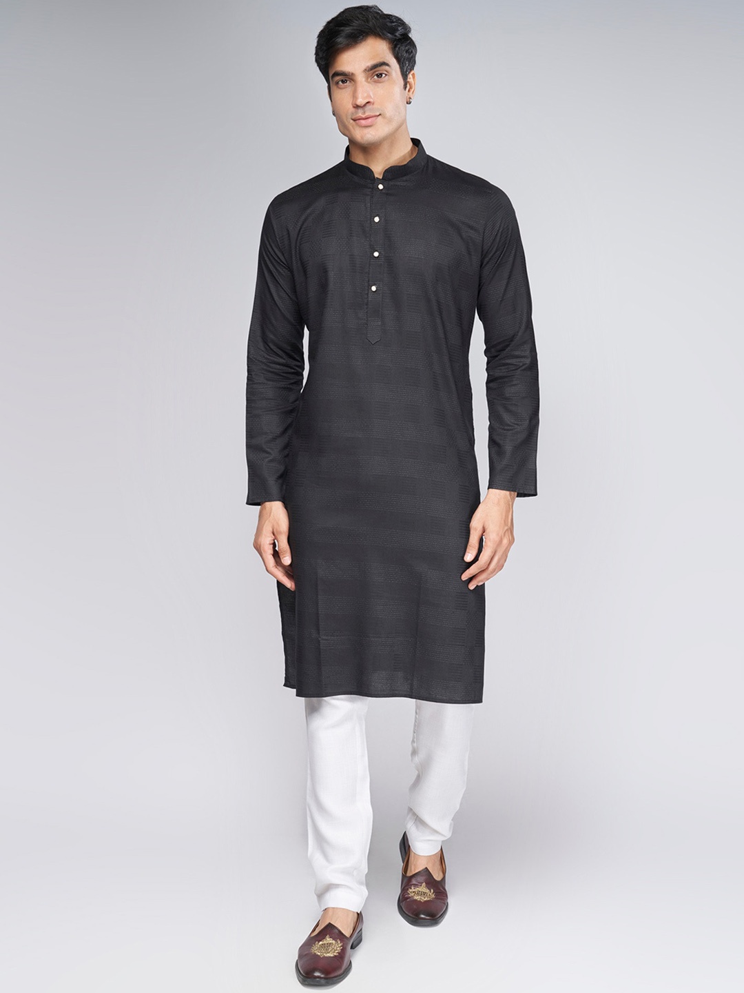 

BELLAZO Embroidered Woven Design Cotton Straight Pathani Kurta, Black