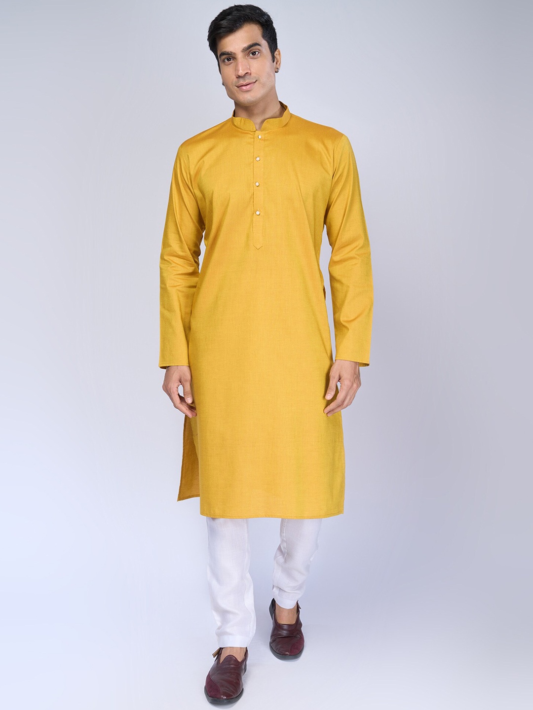 

BELLAZO Mandarin Collar Long Sleeves Cotton Kurta, Yellow