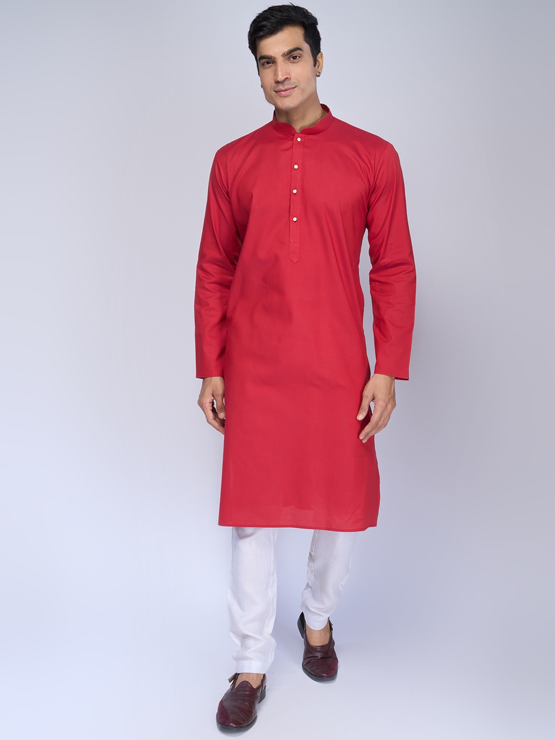 

BELLAZO Mandarin Collar Cotton Strigth Kurta, Red