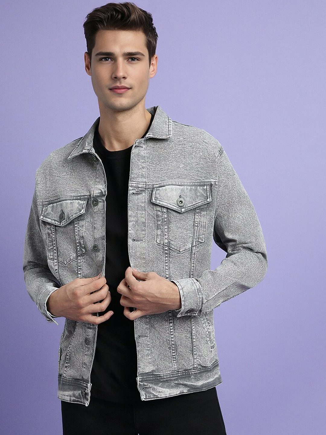 

FOREVER 21Long Sleeves Washed Crop Denim Jacket, Grey
