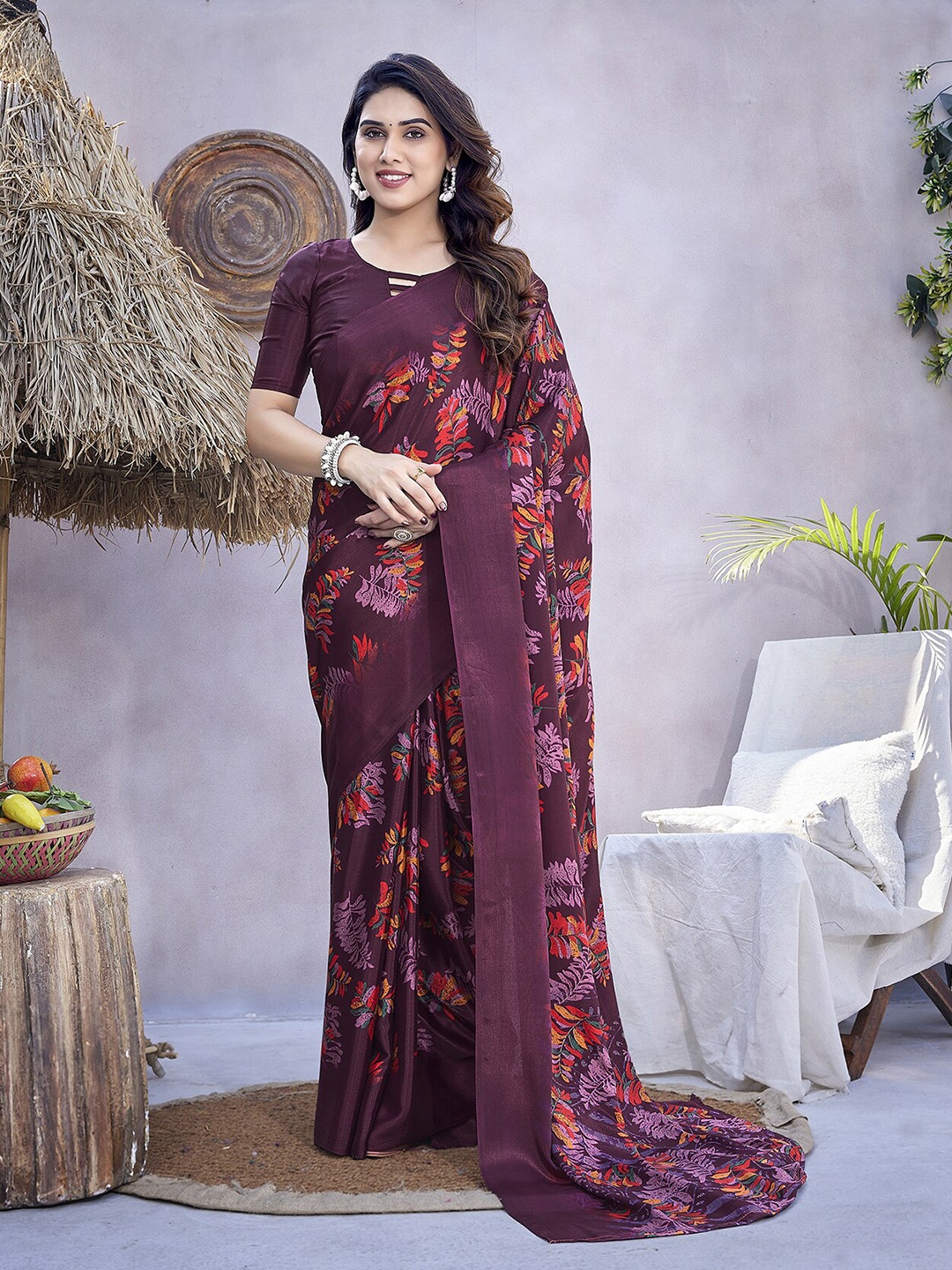 

MAGMINA Floral Printed Pure Chiffon Saree, Purple