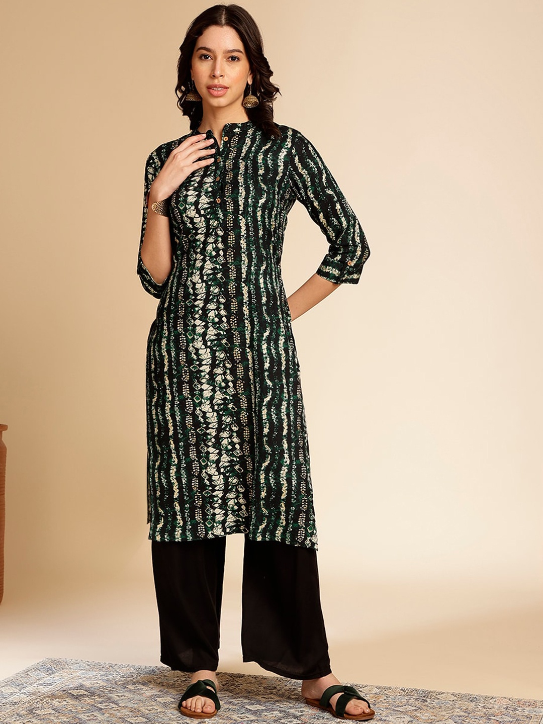 

Anouk Abstract Printed Mandarin Collar Straight Kurta, Green
