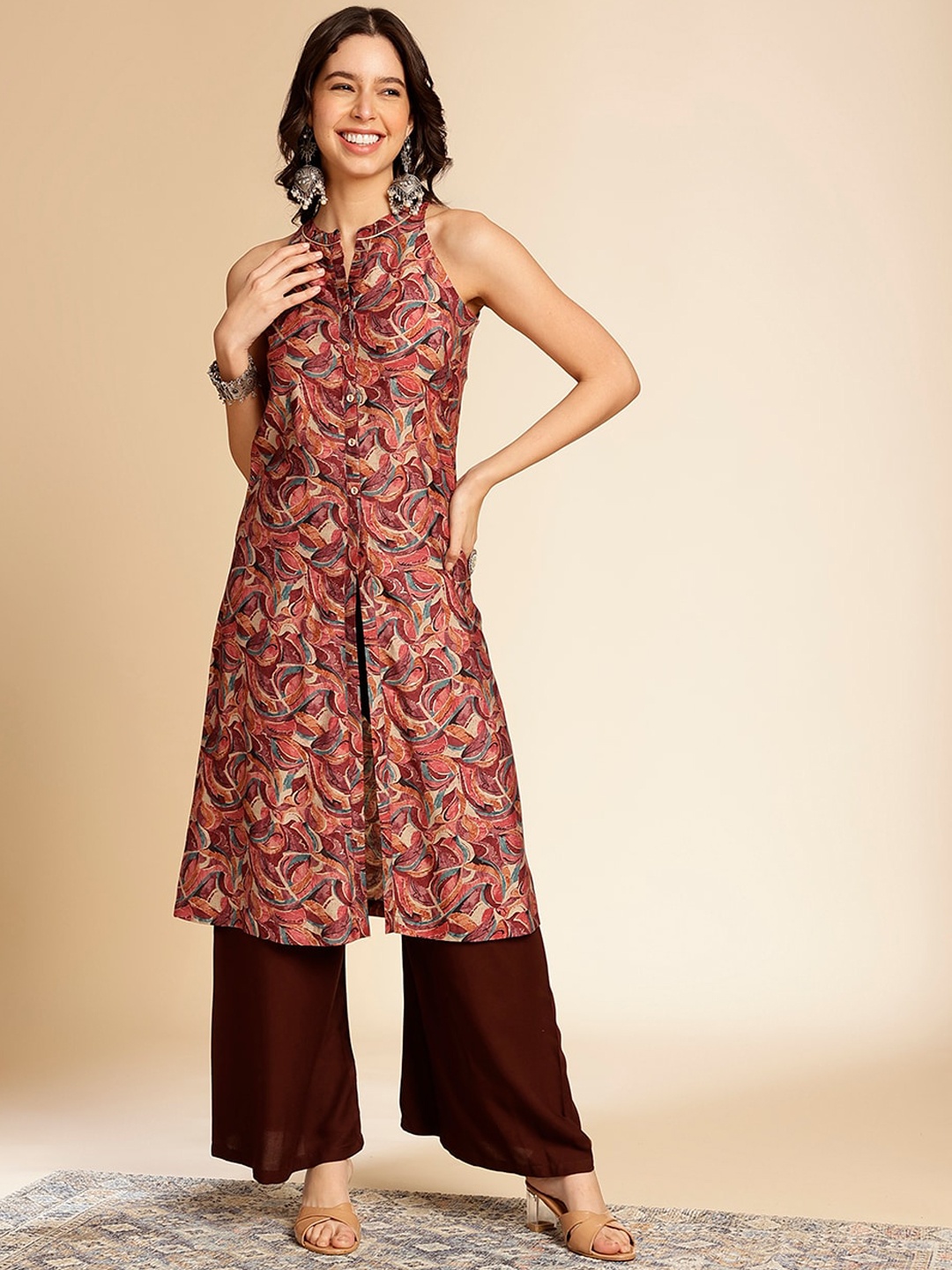 

Anouk Abstract Printed Sleeveless A Line Kurta, Pink