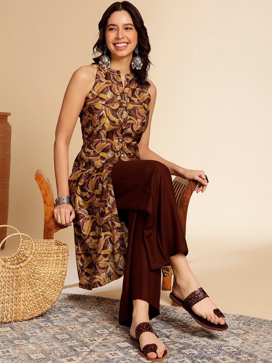 Anouk Abstract Printed Sleeveless A Line Kurta, Mustard