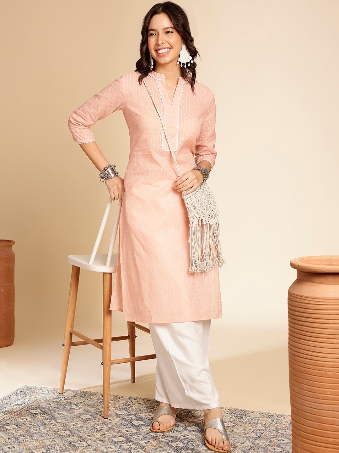 Anouk Striped Woven Design Cotton Regular Straight Kurta, Pink