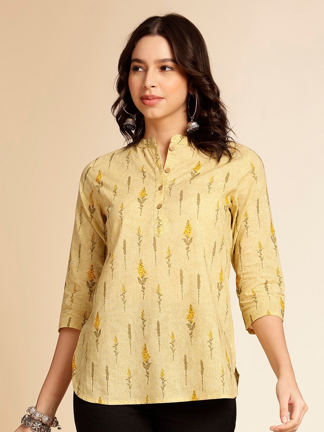 

Anouk Mustard Yellow Botanical Printed Mandarin Collar Pure Cotton Kurti