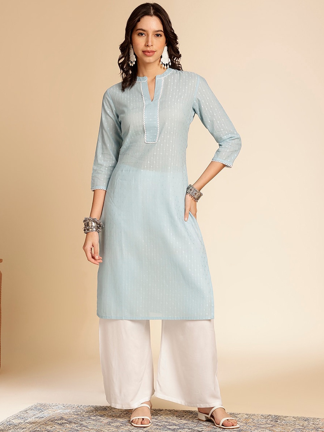 

Anouk Striped Woven Design Cotton Regular Straight Kurta, Blue