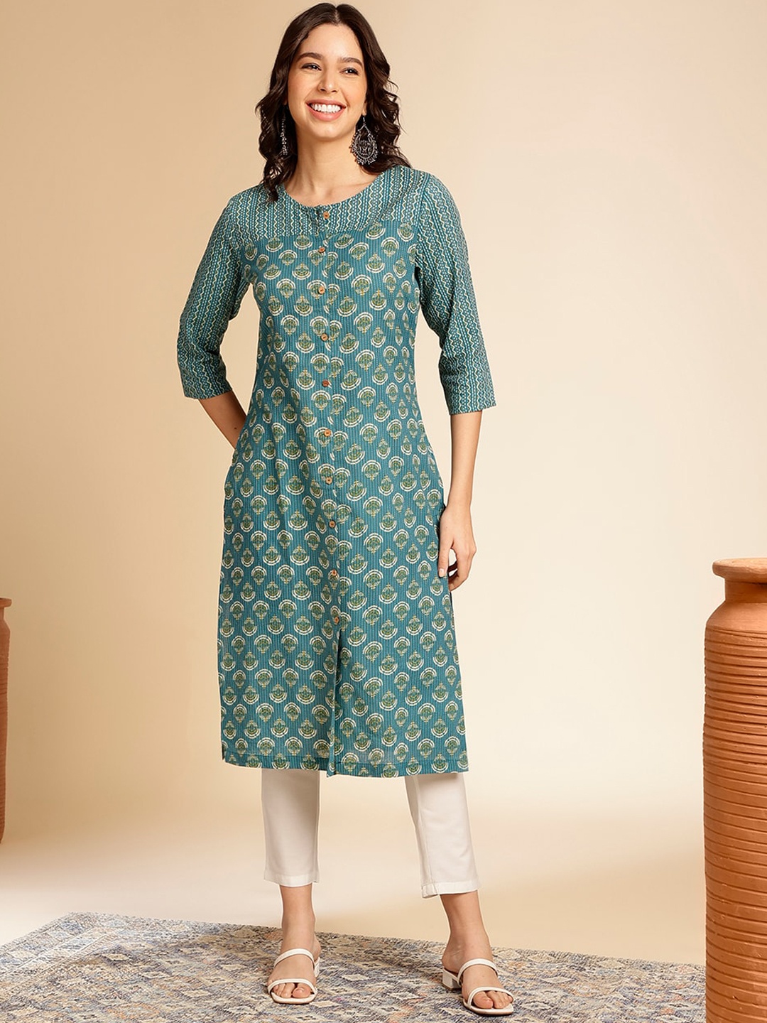 

Anouk Teal Ethnic Motifs Block Printed Round Neck Cotton Straight Kurta