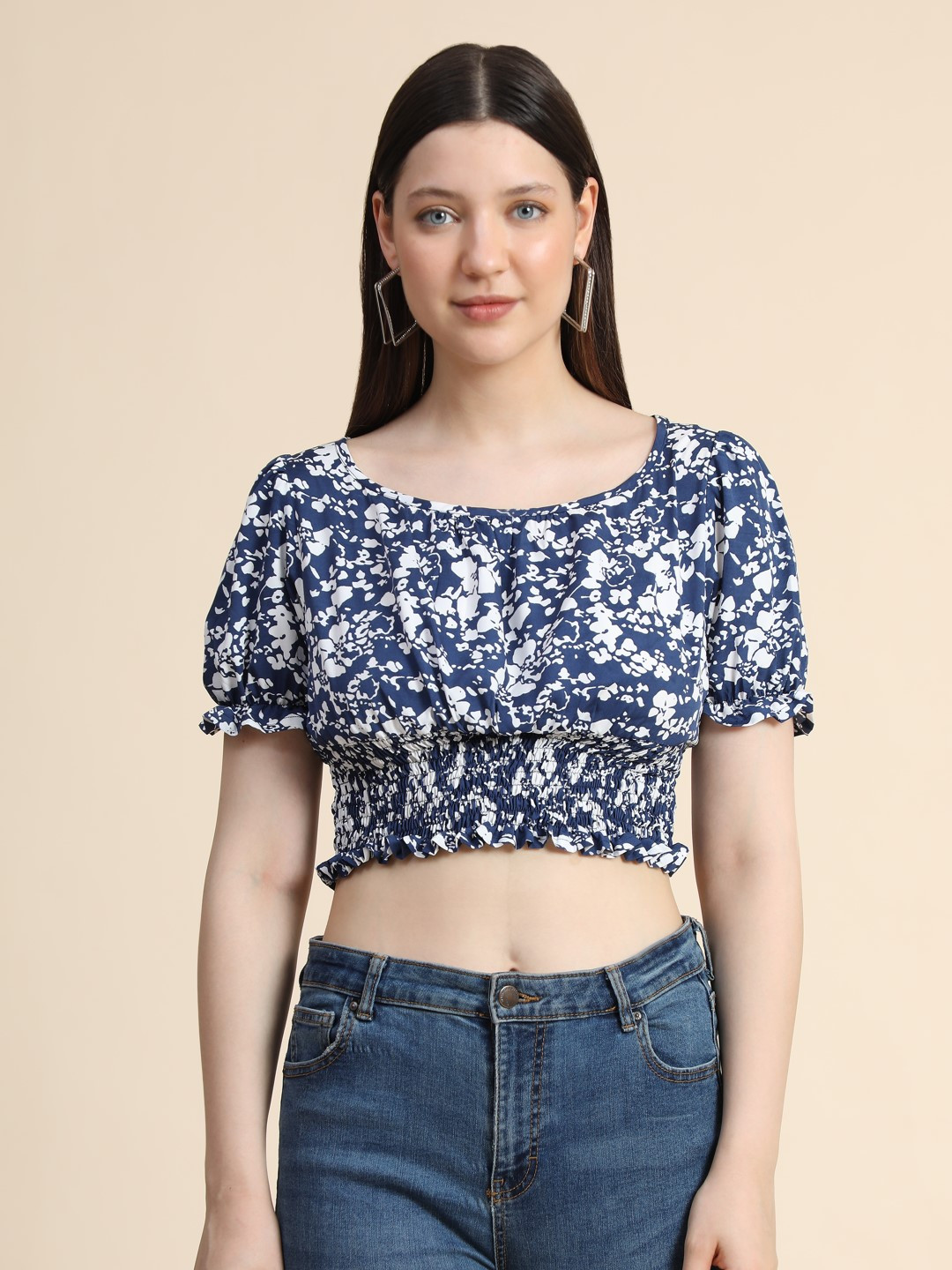

TOOCHKI Round Neck Puff Sleeves Floral Print Ethnic Blouson Top, Blue