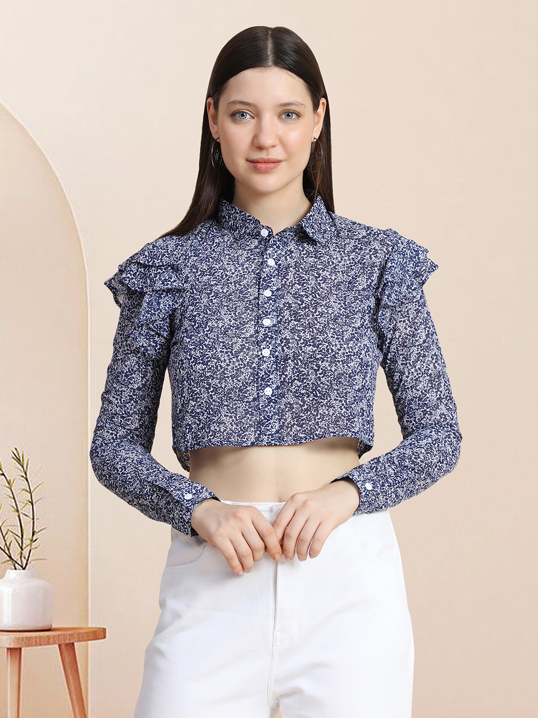 

TOOCHKI Shirt Collar Floral Print Ethnic Georgette Shirt Style Top, Blue