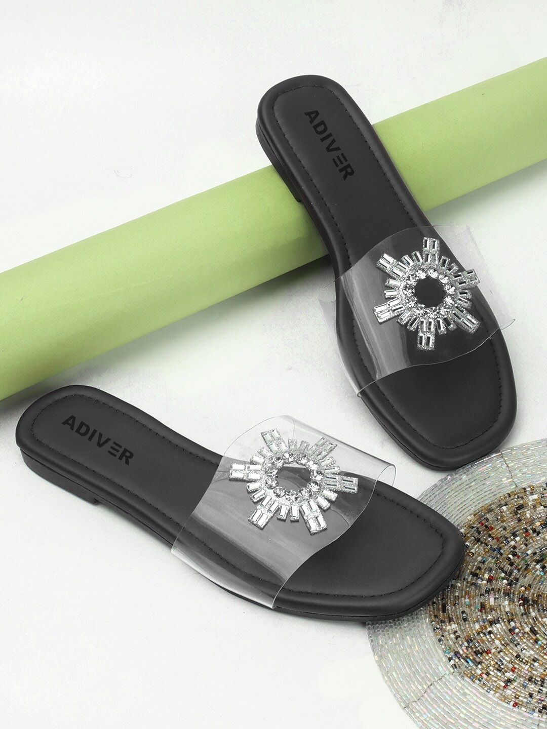 ADIVER Embellished Open Toe Flats, Black