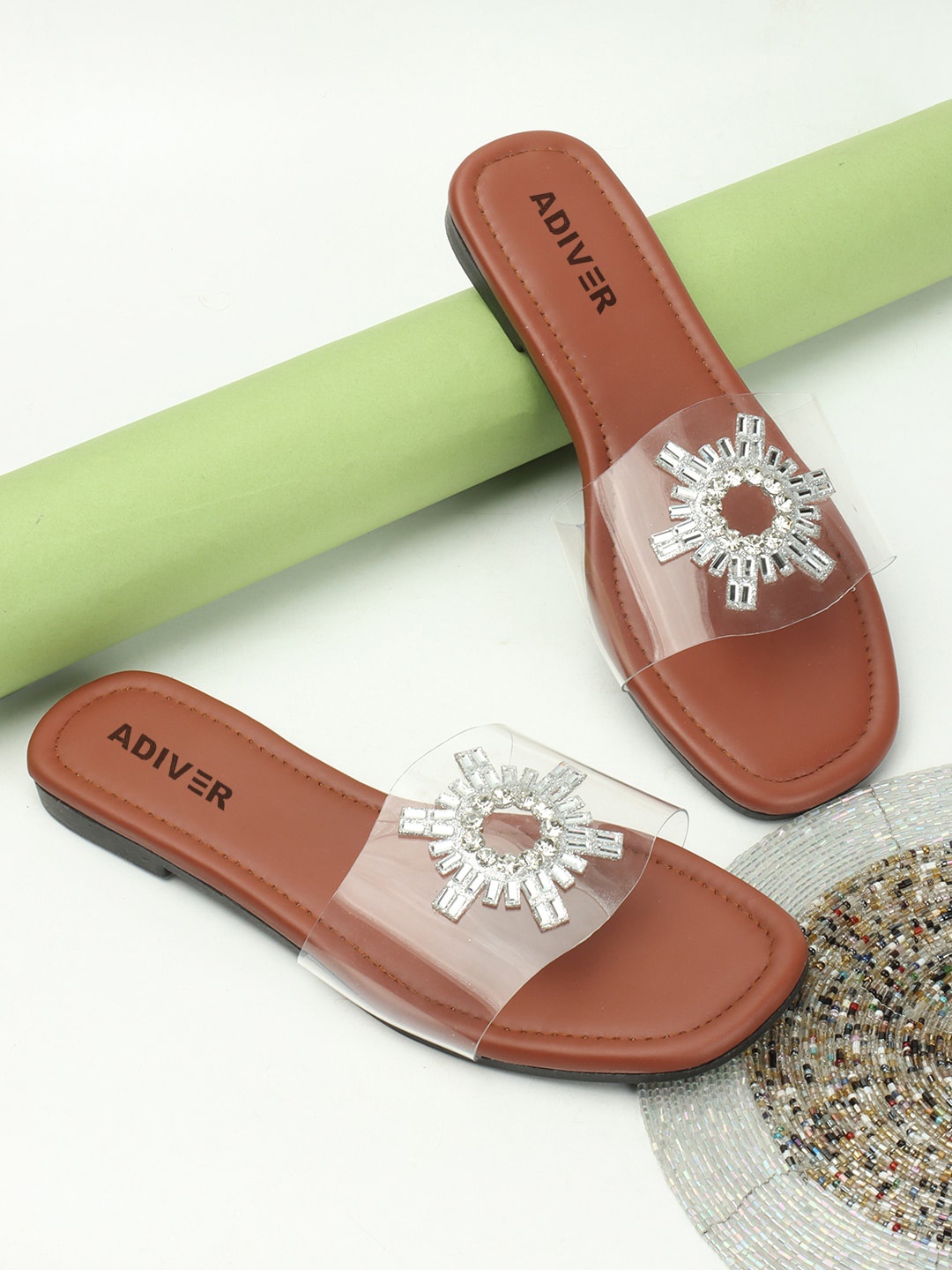 

ADIVER Embellished Open Toe Flats, Brown