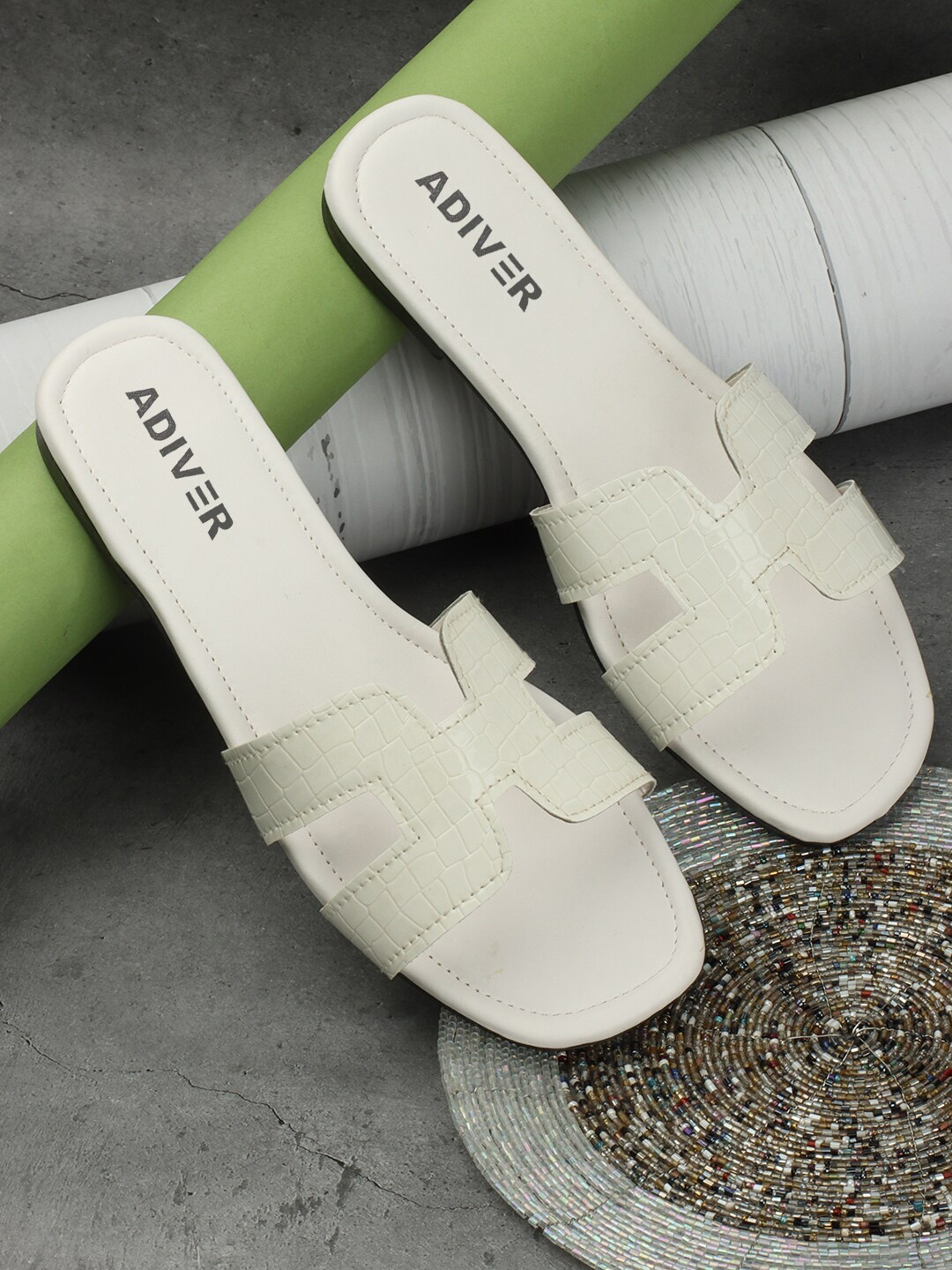 ADIVER Strappy Open Toe Flats, White