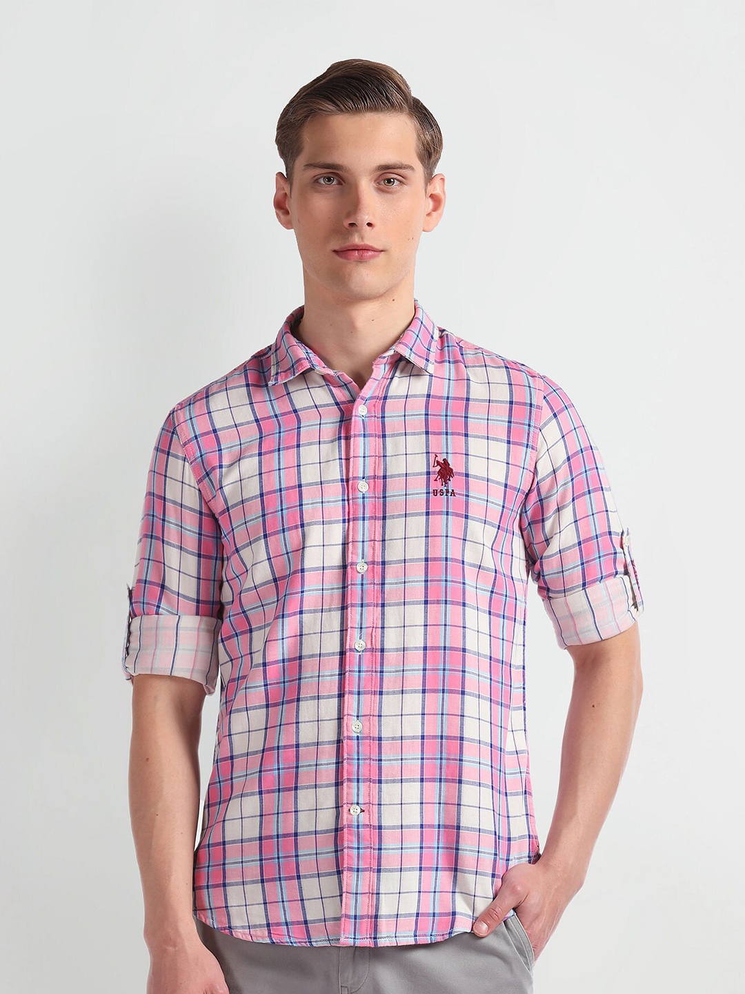 

U.S. Polo Assn. Denim Co. Slim Fit Tartan Checks Opaque Checked Casual Shirt, Pink