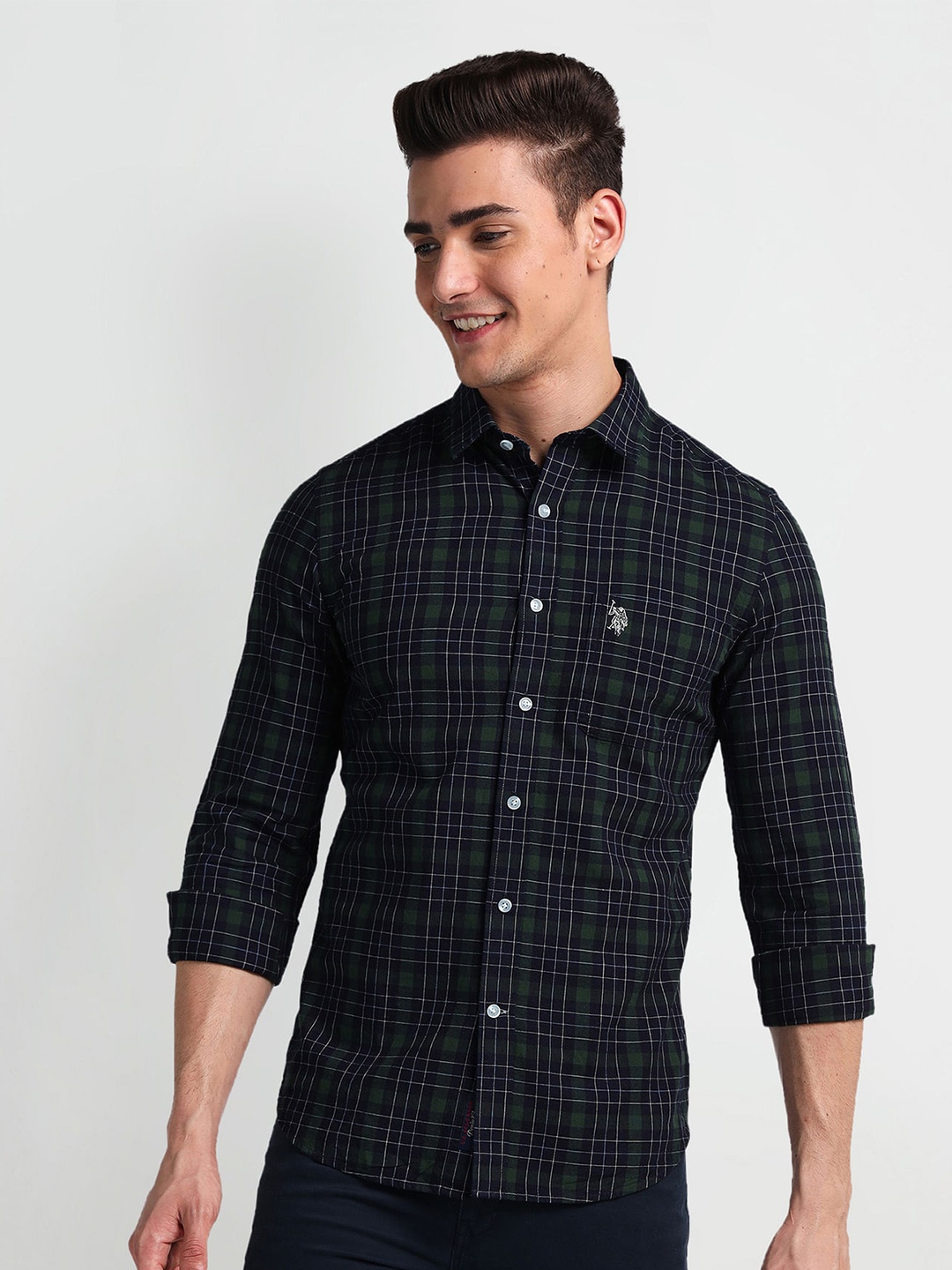 

U.S. Polo Assn. Denim Co. Slim Fit Checked Spread Collar Casual Shirt, Blue