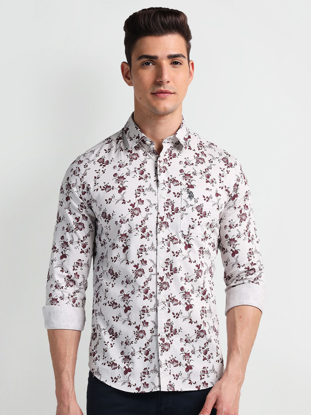 

U.S. Polo Assn. Denim Co. Slim Fit Floral Printed Spread Collar Casual Shirt, White