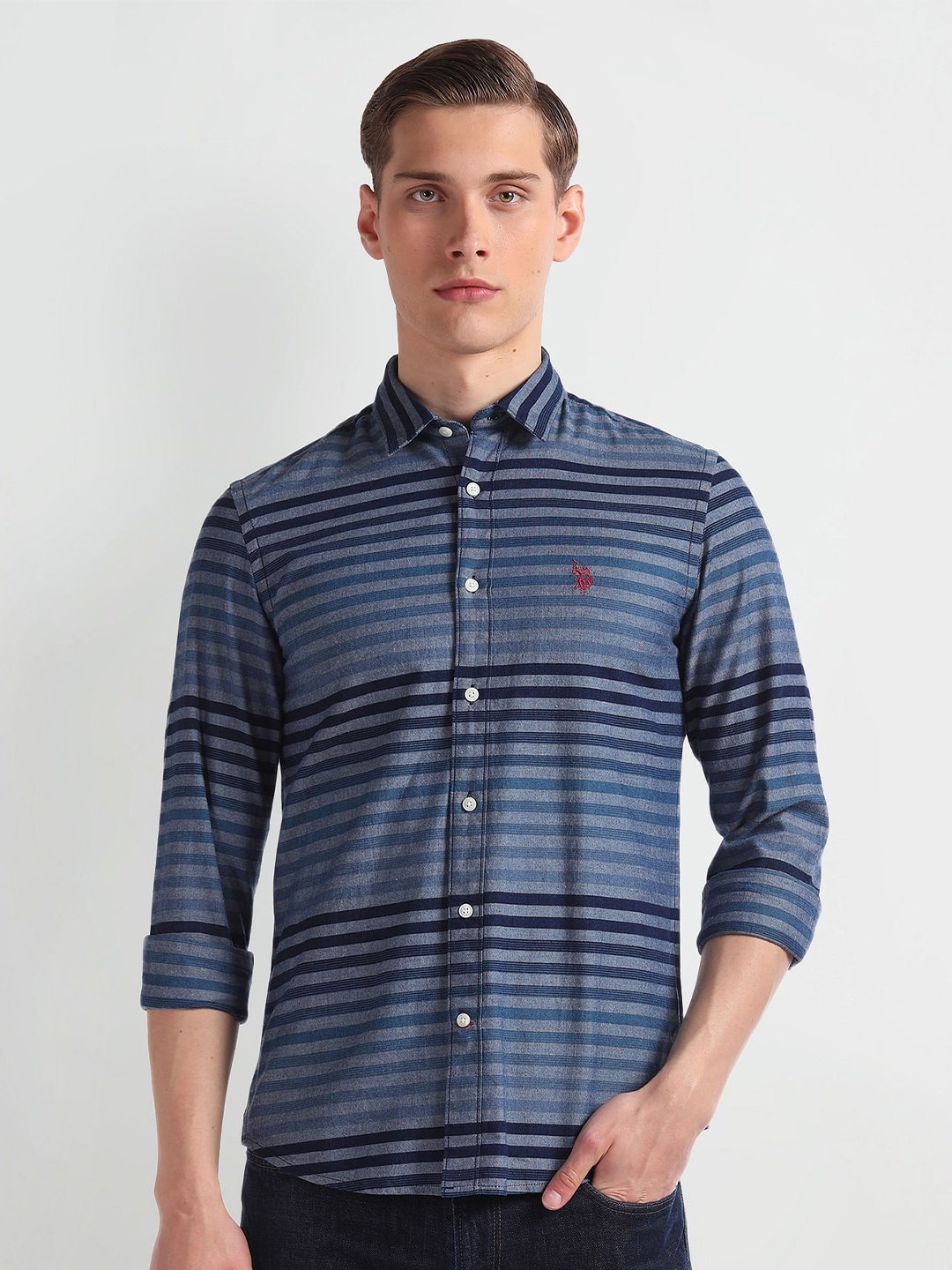 

U.S. Polo Assn. Denim Co. Slim Fit Horizontal Striped Spread Collar Cotton Casual Shirt, Blue