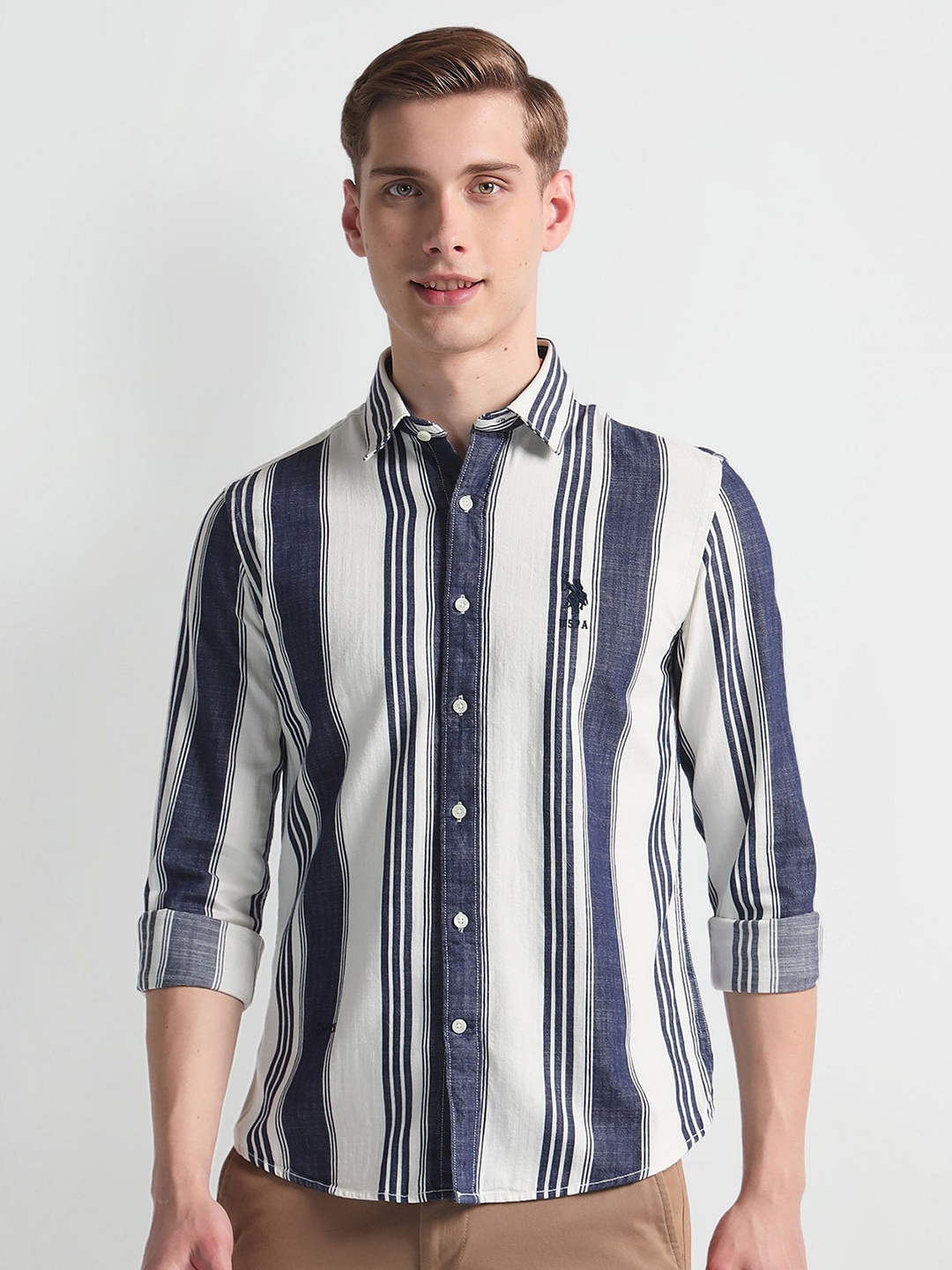 

U.S. Polo Assn. Denim Co. Slim Fit Striped Spread Collar Casual Shirt, Blue