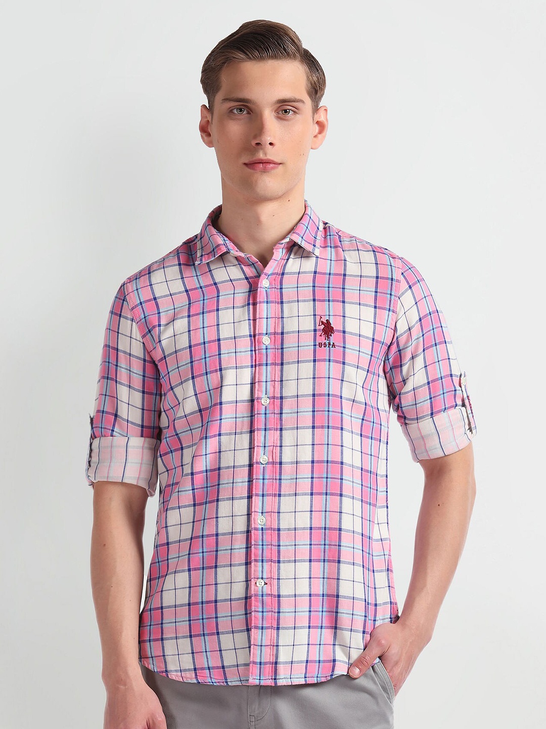 

U.S. Polo Assn. Denim Co. Slim Fit Tartan Checks Checked Spread Collar Cotton Casual Shirt, Pink