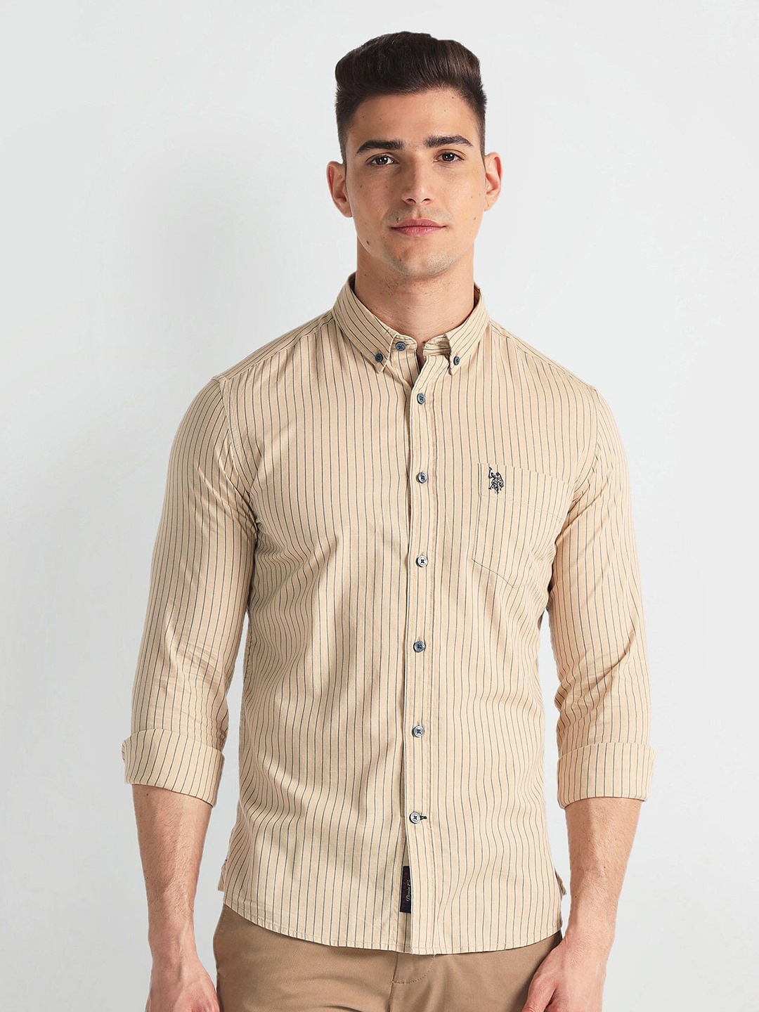 

U.S. Polo Assn. Denim Co. Slim Fit Striped Spread Collar Casual Shirt, Brown