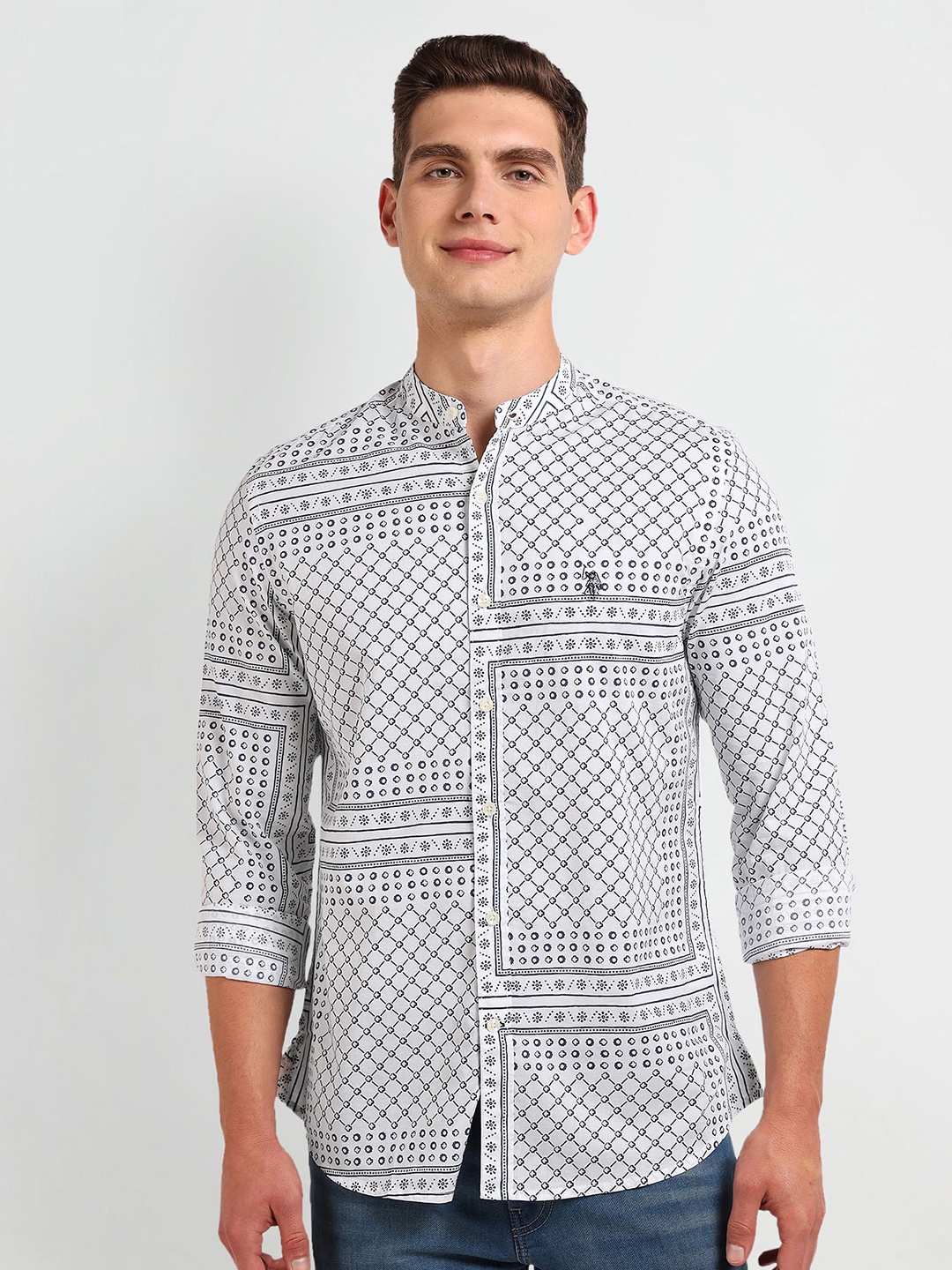 

U.S. Polo Assn. Denim Co. Slim Fit Printed Spread Collar Casual Shirt, White
