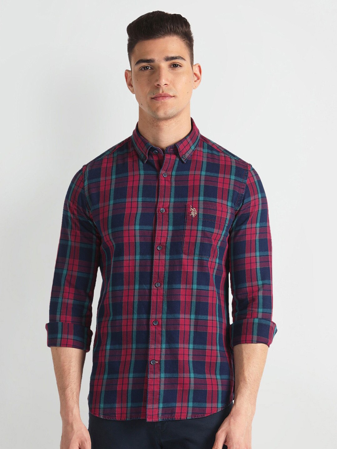 

U.S. Polo Assn. Denim Co. Slim Fit Tartan Checks Checked Spread Collar Casual Shirt, Red