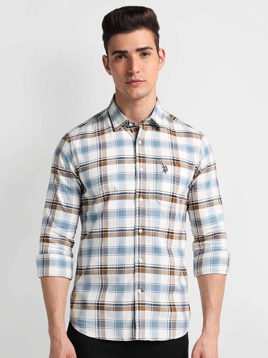 

U.S. Polo Assn. Denim Co. Slim Fit Tartan Checks Spread Collar Casual Shirt, White