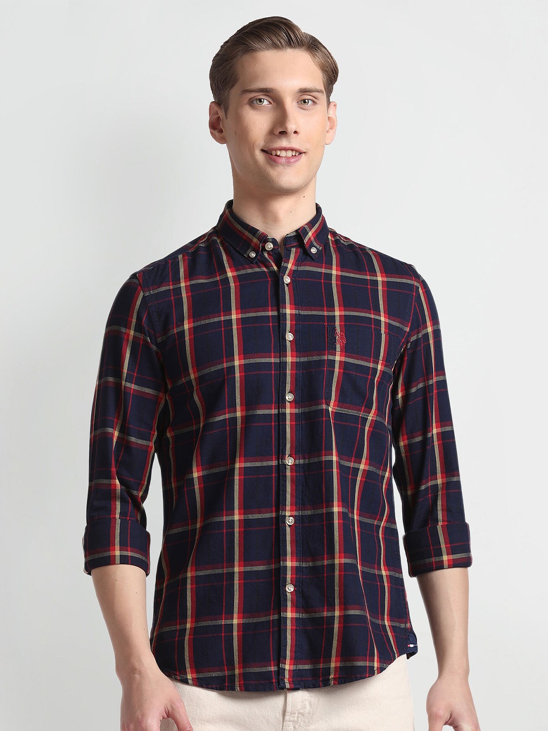 

U.S. Polo Assn. Denim Co. Slim Fit Tartan Checks Checked Spread Collar Casual Shirt, Blue