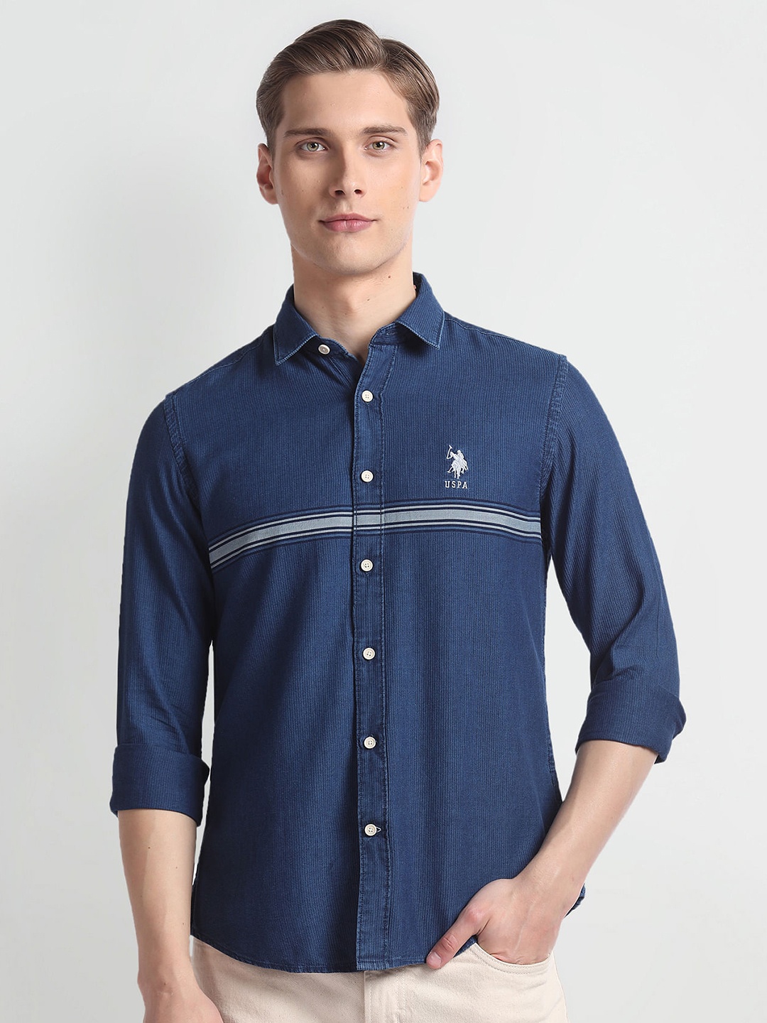 

U.S. Polo Assn. Denim Co. Slim Fit Opaque Cotton Casual Shirt, Blue