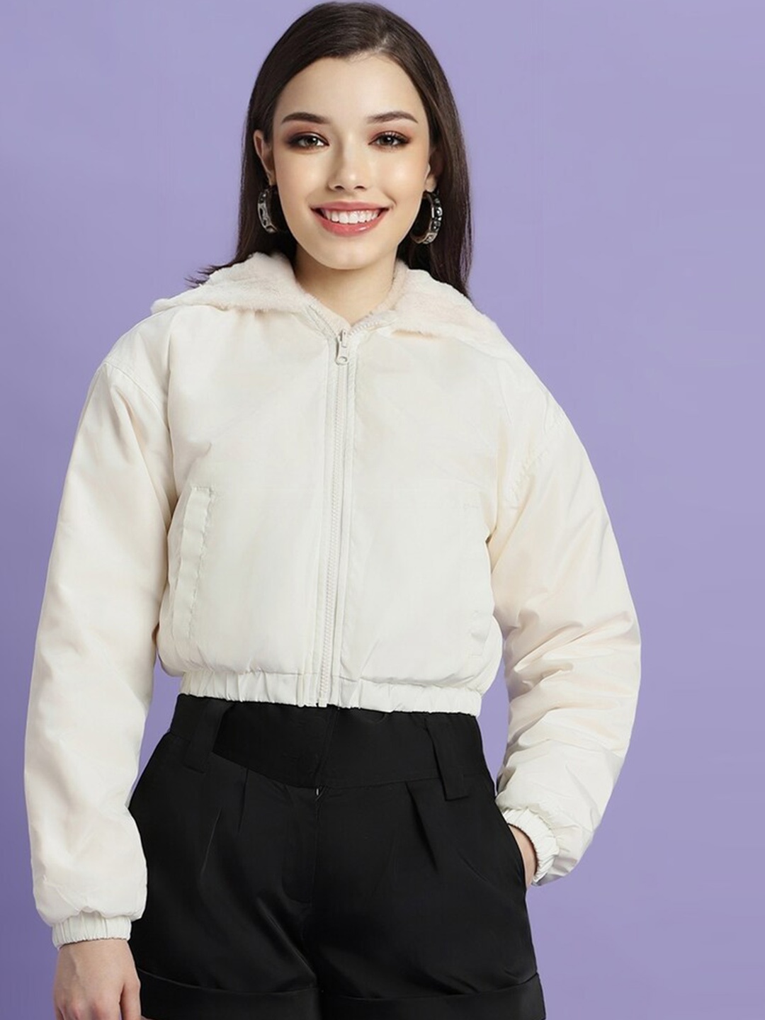 FOREVER 21Long Sleeves Fur Hood Crop Tailored Jacket, White