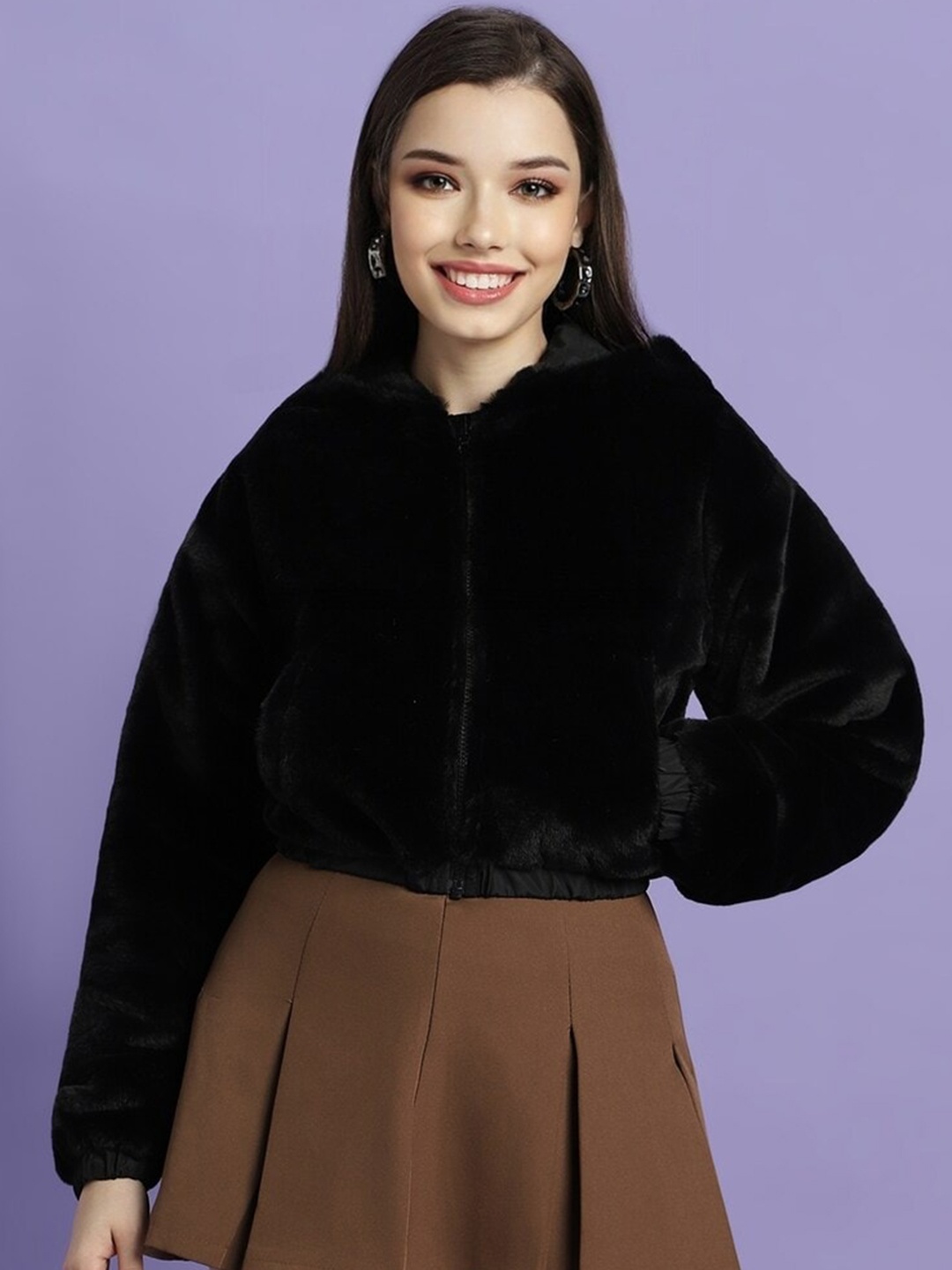

FOREVER 21Long Sleeves Fur Hood Crop Tailored Jacket, Black